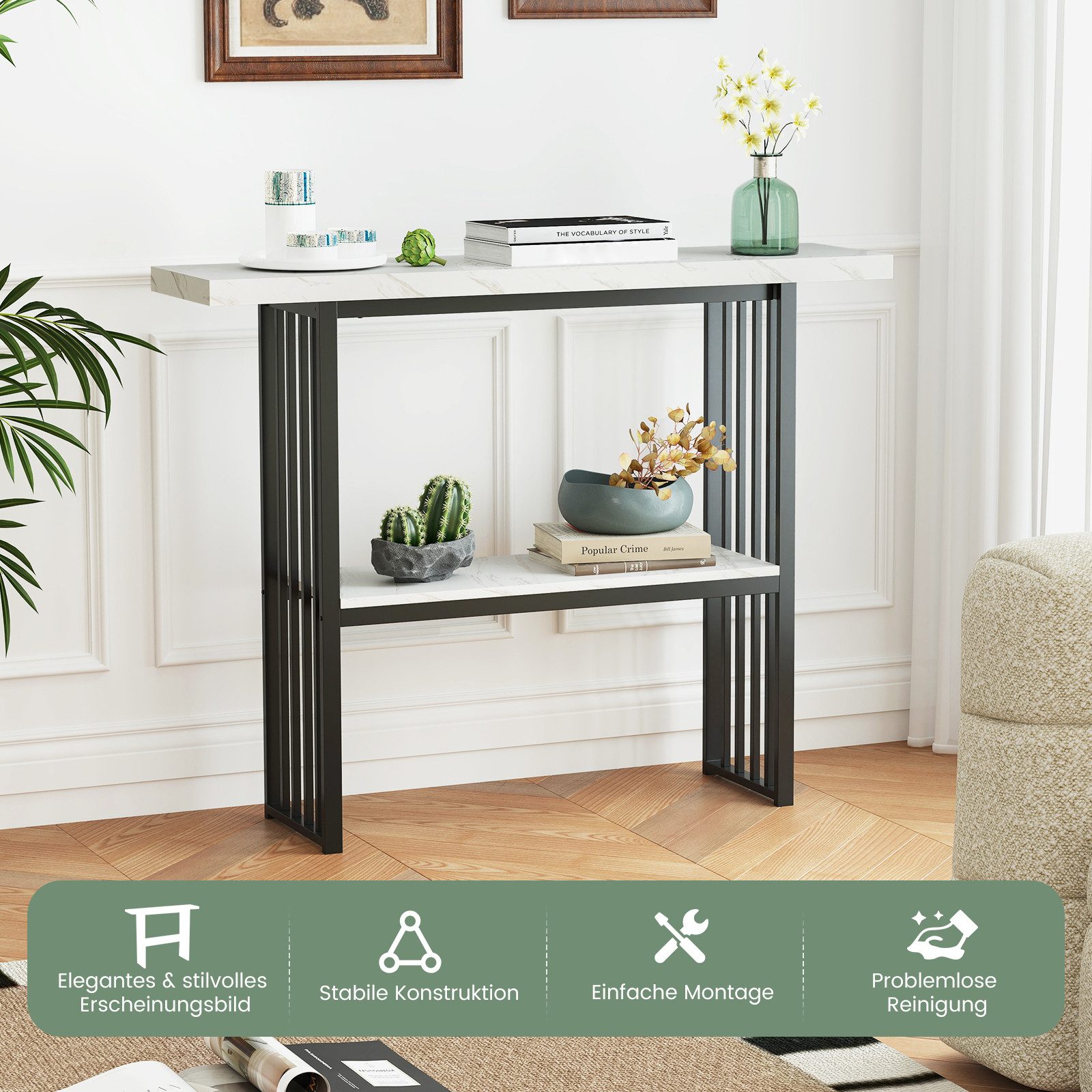 COSTWAY Konsolentisch, Marmor, schmal, mit 2 Ablagen&Metallrahmen, gold, 12 günstig online kaufen