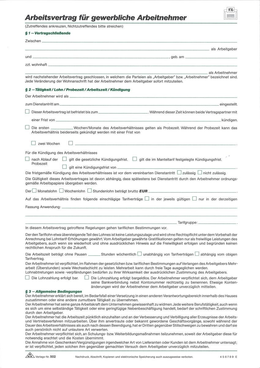 Formularblock Arbeitsvertrag für gewerbliche Arbeitnehmer A4 VE=10 Stück.