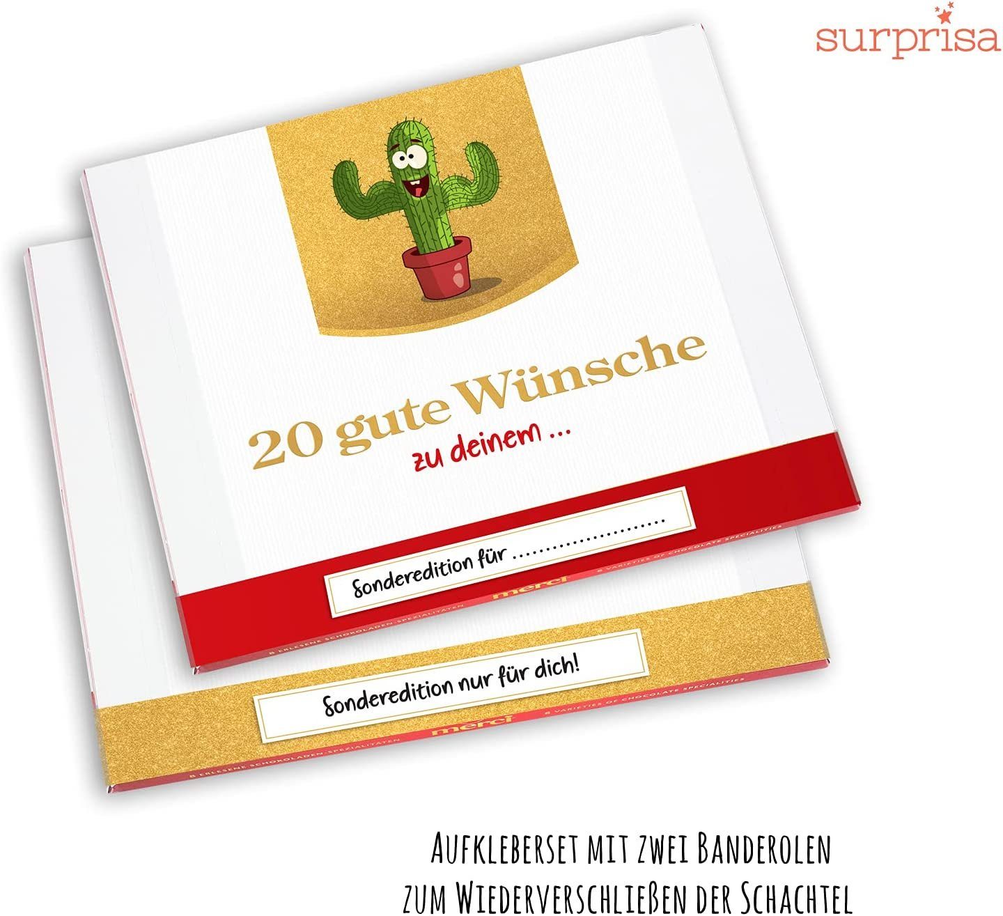 SURPRISA Aufkleber Aufkleber Set personalisierte Sticker für Merci Schokolade, individuelles Geschenk, 20 gute Wünsche zum Neustart