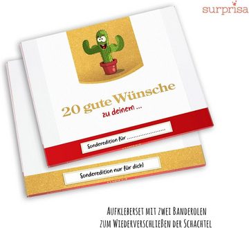 SURPRISA Aufkleber Set '20 Wünsche' für Merci Schokolade, Das persönliche Dankeschön für den Neustart - Job, Reise, Umzug, Gründung, Auswanderung - kreatives Geschenk