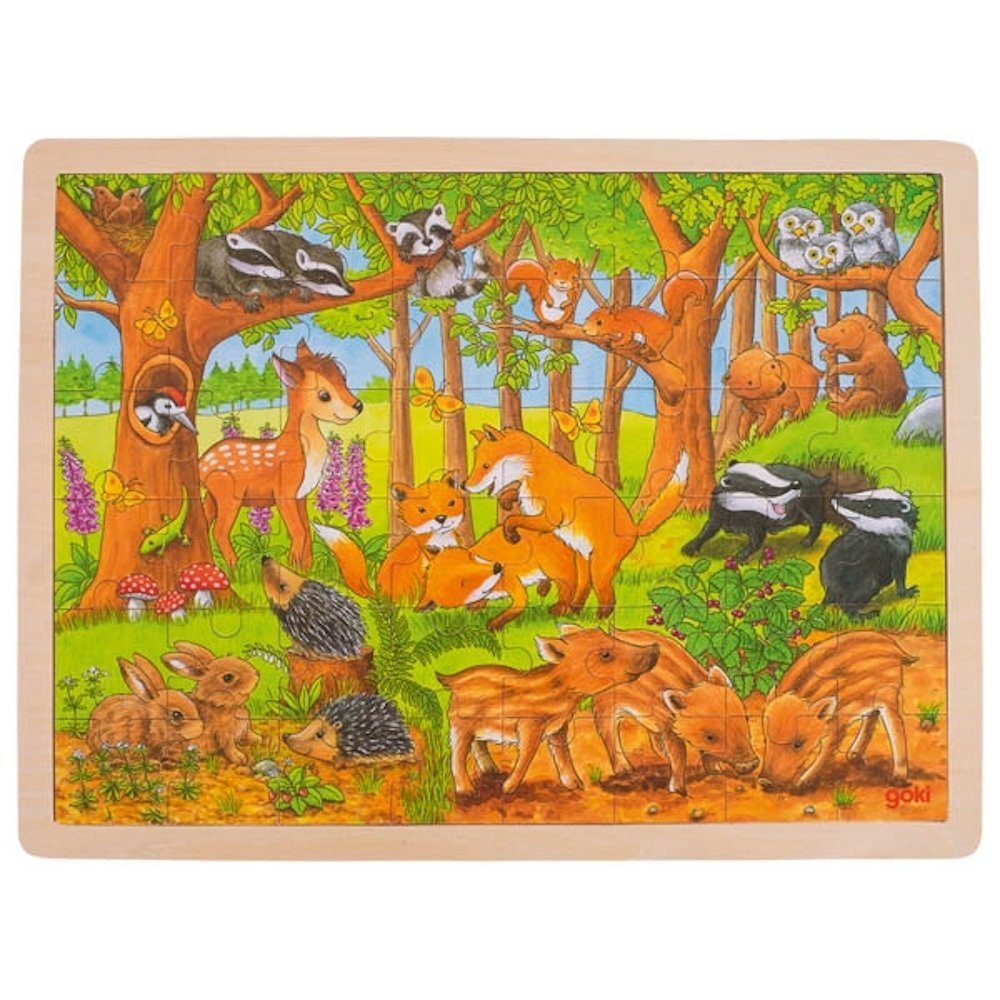 goki Rahmenpuzzle Einlegepuzzle Tierkinder im Wald Holzpuzzle 48 Teile, 48 Puzzleteile, Holzteile