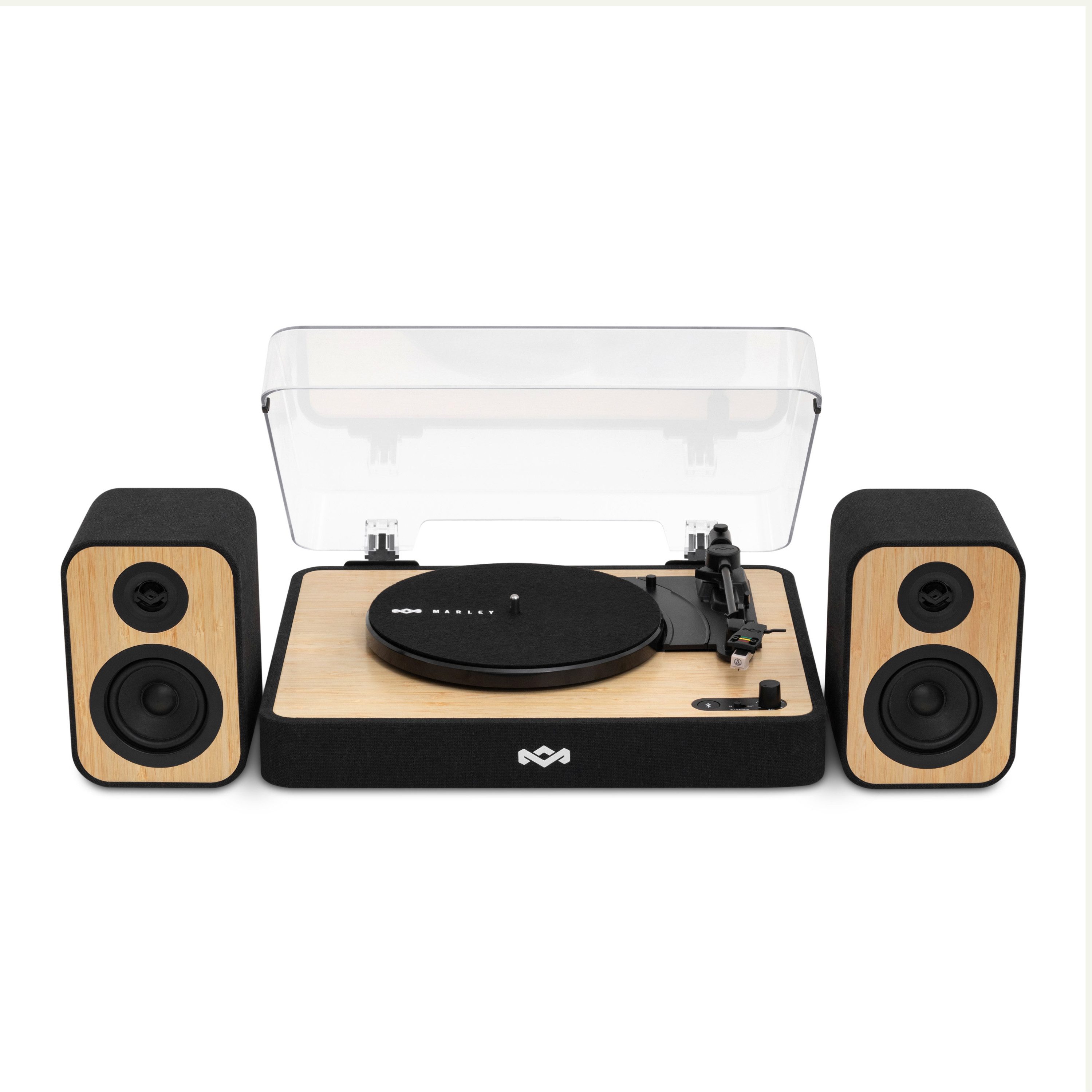 House of Marley Marley EM-JT304-SB Revolution Bluetooth Turntable + Lautsprecher Plattenspieler (Riemenantrieb, Bluetooth®, inkl. 2 Lautsprecher, Audio-Technica Tonabnehmer & 3 Geschwindigkeiten)