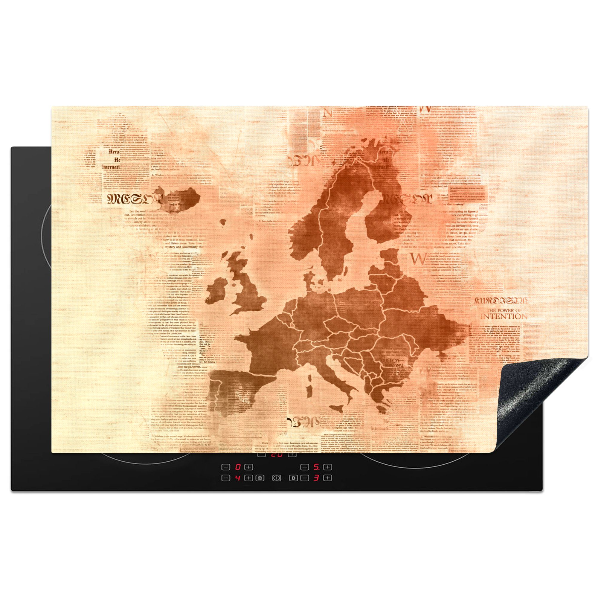 MuchoWow Herdblende-/Abdeckplatte Karte von Europa - Zeitung - Orange, Vinyl, (1 tlg), 81x52 cm, Induktionskochfeld Schutz für die küche, Ceranfeldabdeckung