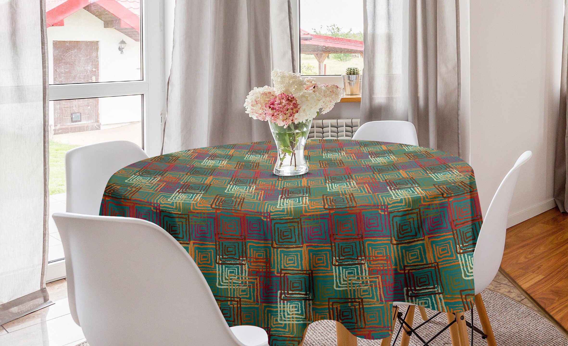 Abakuhaus Tischdecke Kreis Tischdecke Abdeckung für Esszimmer Küche Dekoration, Geometrisch Grunge Folk Regenbogen