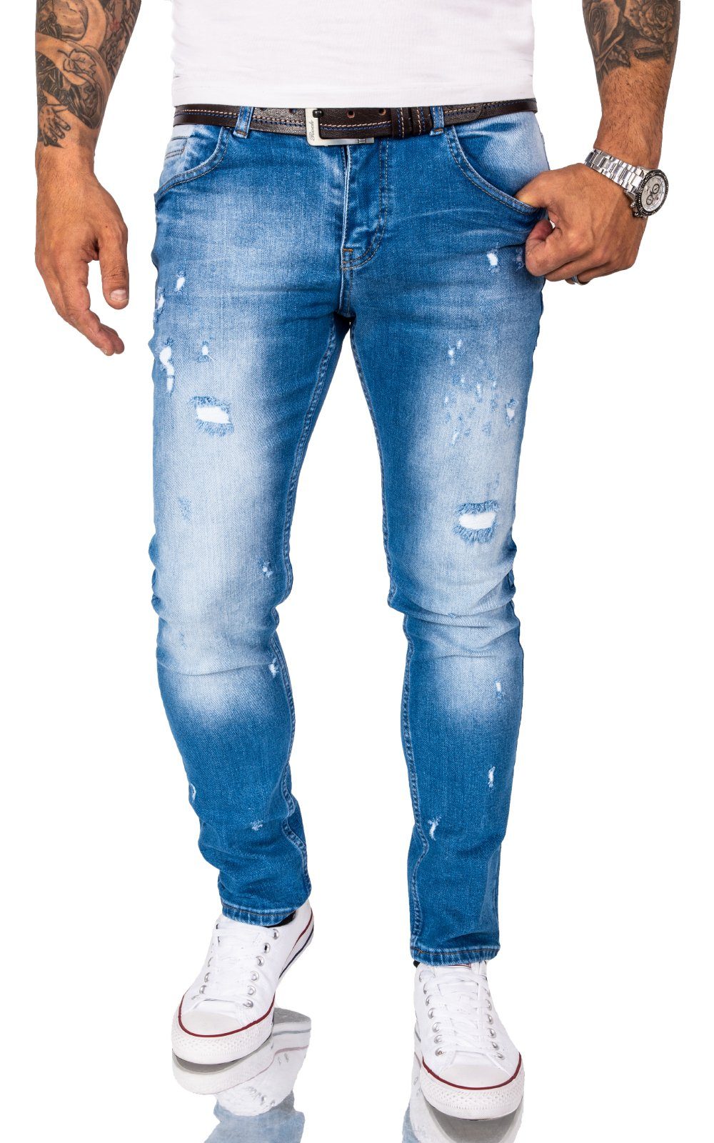 Gelverie Slim-fit-Jeans Herren Jeans Stonewashed Hellblau G-203
