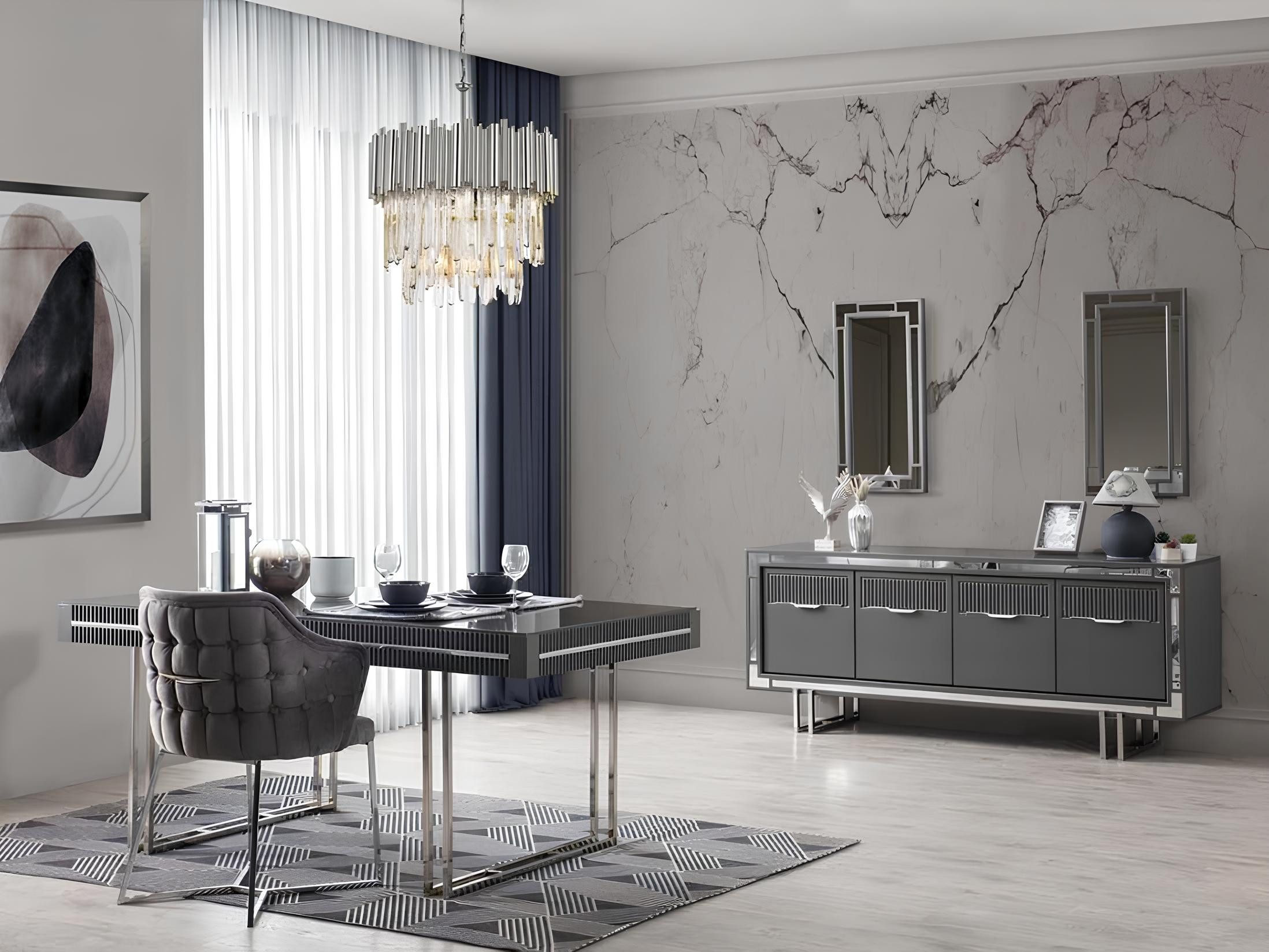 JVmoebel Esszimmer-Set Eleganter 2-teiliges Esszimmermöbelset aus grauem Holz, (2-St., Esstisch + Sideboard), Made in Europa