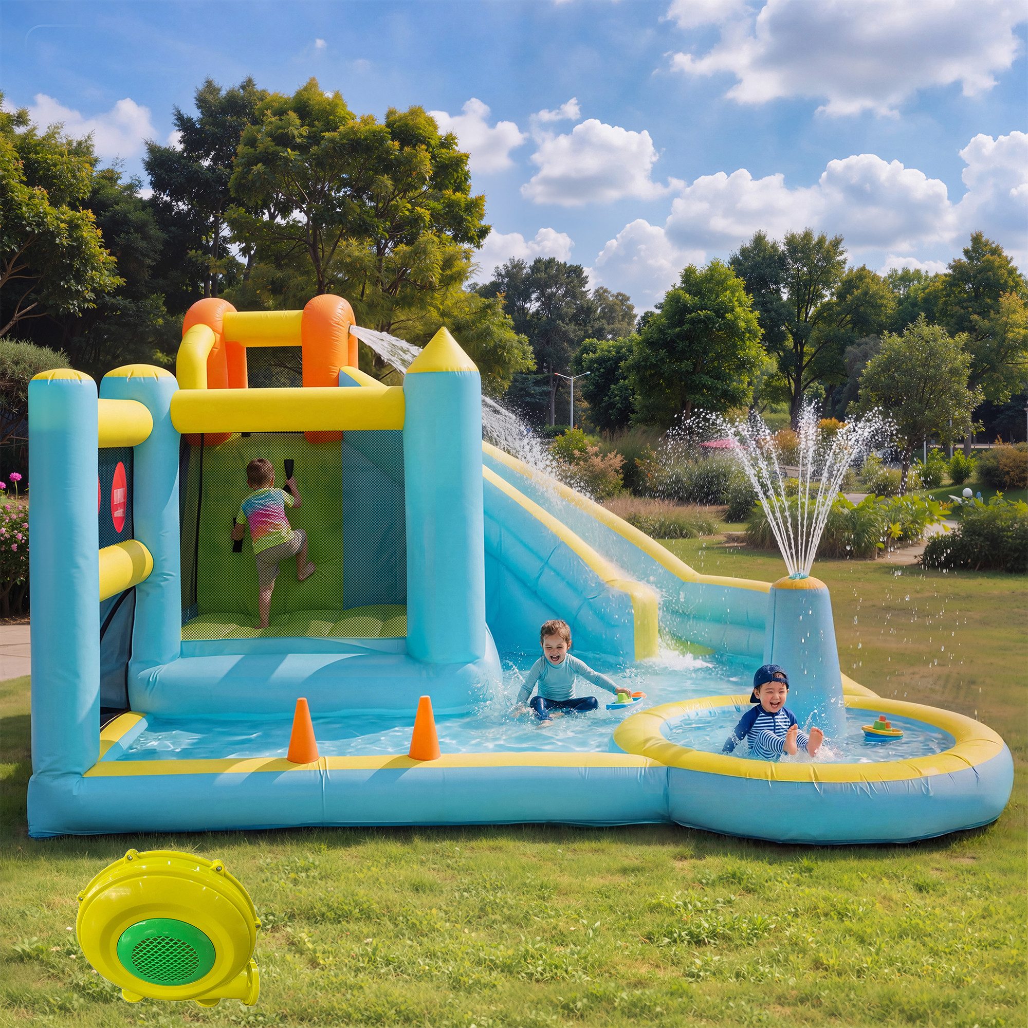 Merax Hüpfburg mit Gebläse,aufblasbare Wasserspielburg, Wasserpark, (430x390x210cm, 1-tlg), mit Rutsche, Trampolin, Springbrunnen, Planschbecken, Ringwurfspiel
