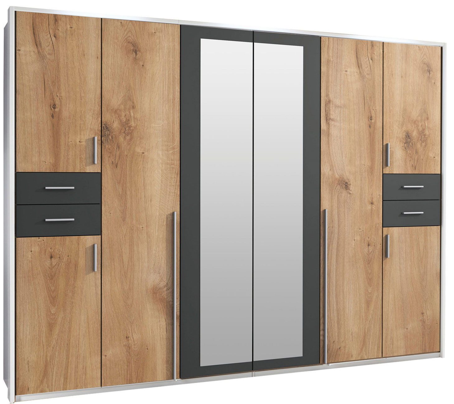 Wimex Kleiderschrank Vegas (mit Türen, Spiegel, Kleiderstangen, Einlegeböden, 1-St., moderne Optik, 8-türig, alufarbene Stangengriffe aus Kunststoff) 273x58x210cm weiß, Plankeneiche, graphit mit Spiegel