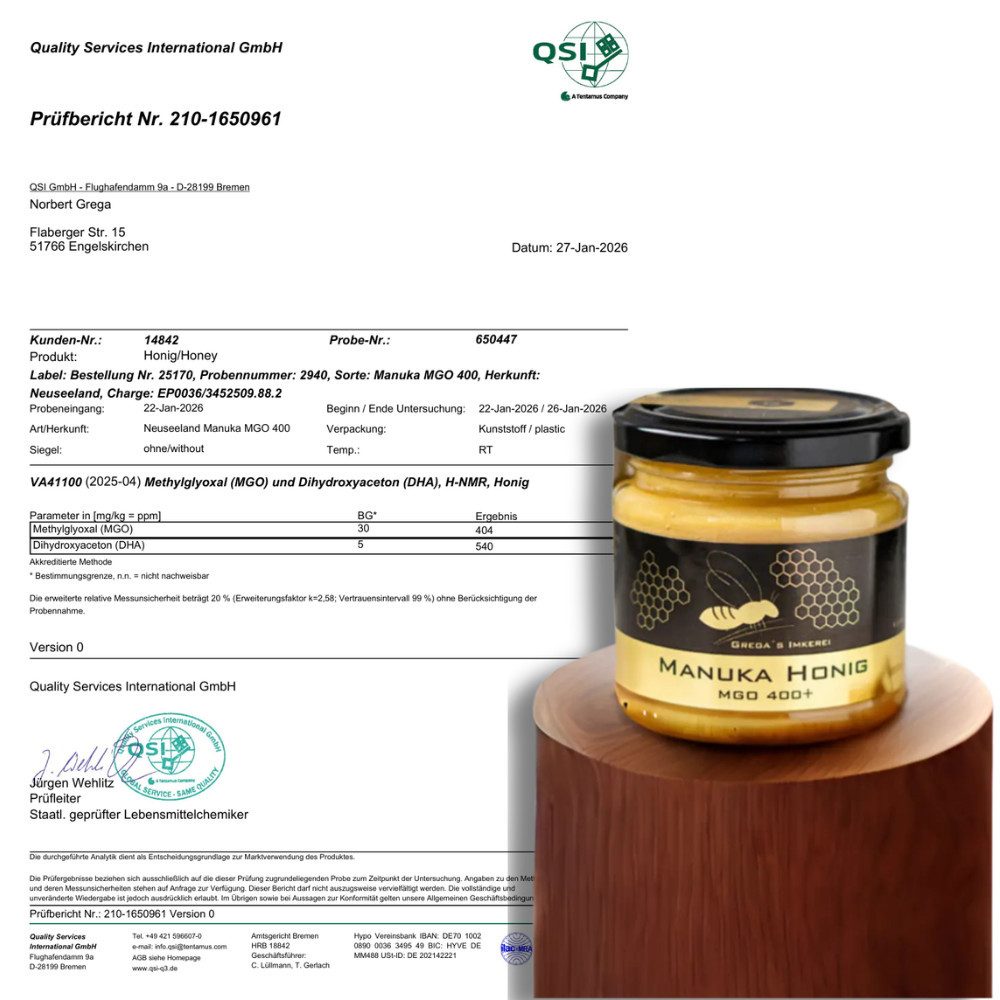 Grega´s Imkerei Honig Manuka Honig MGO 400+ Labor Zertifiziert, 1 x 250 g, (Original aus Neuseeland, Cremiger Honig), in deutschen Laboren getestet & zertifiziert