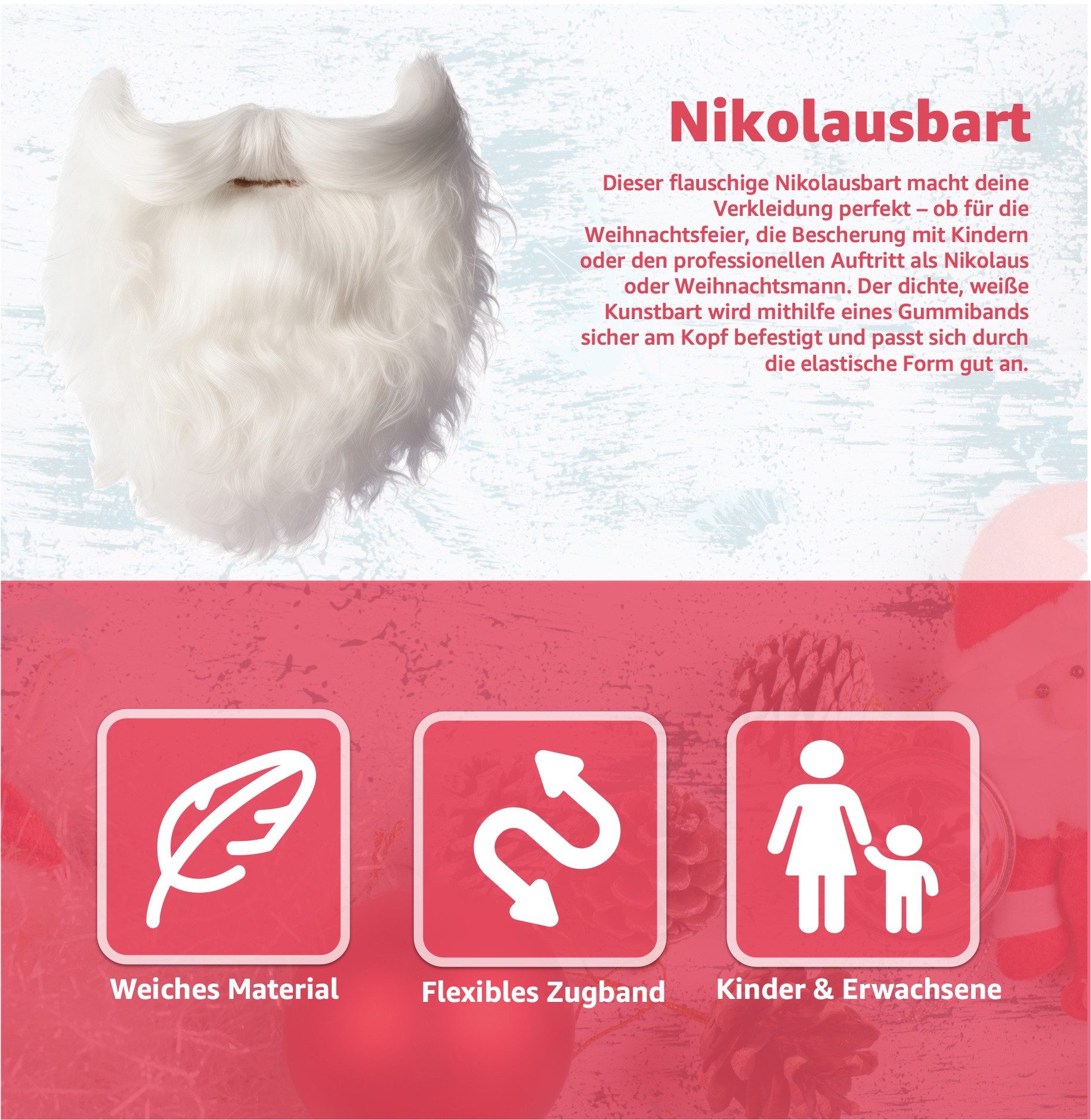 MerryXmas Kostüm-Perücke 6x Nikolausbart weiss - Weihnachtsmannbart - Bart weiß weiss