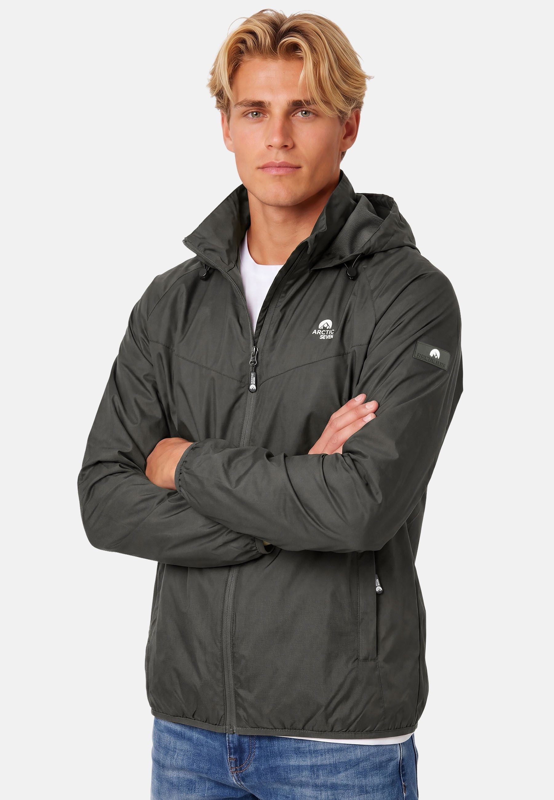 Arctic Seven Regenjacke Herren leicht mit Kapuze – Wasserabweisende Outdoorjacke mit hochstehendem Kragen