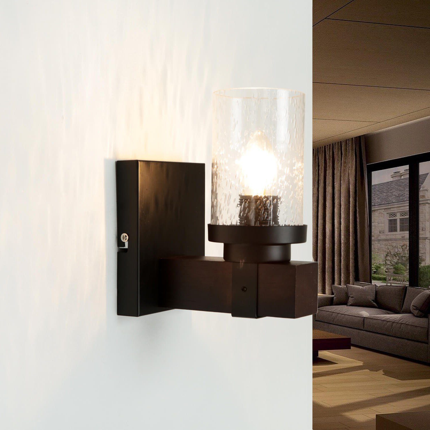 Wandlampe Glas E27 Design Wandleuchte Metall Holz Leuchtmittel, Flur Licht-Erlebnisse Vintage Braun ohne CREAG, Schwarz