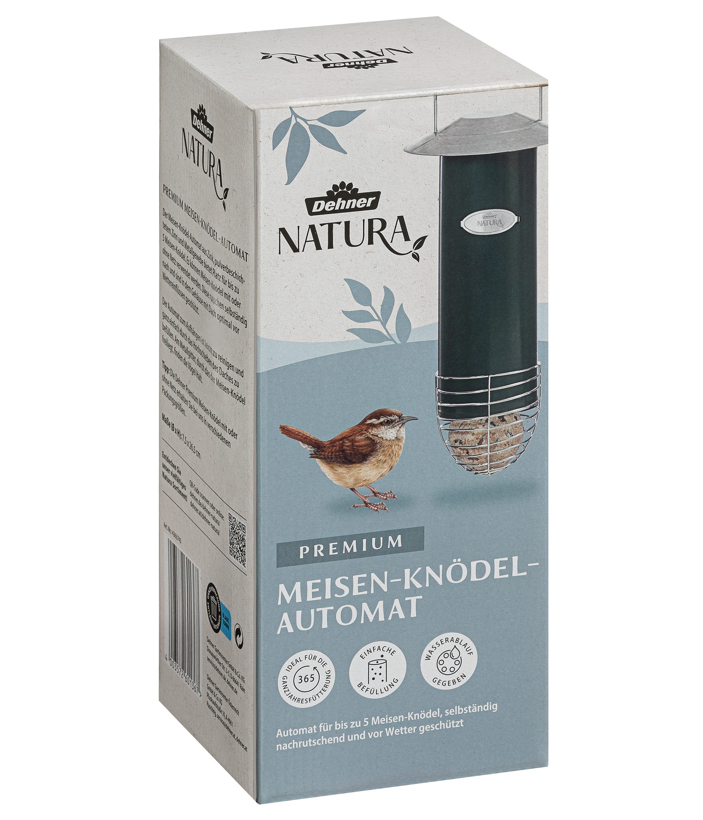 Dehner Vogelhaus Natura Premium Meisenknödel Futterautomat, Ø 7.5 cm x Höhe 26.5 cm, Futterhausautomat für Wildvögel