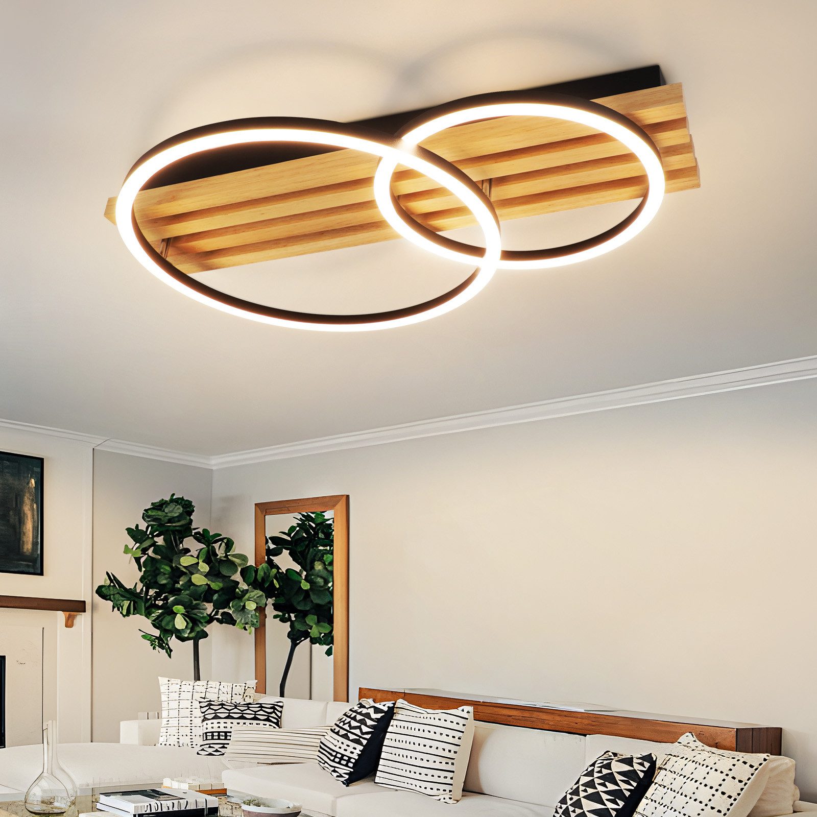 Nettlife LED Deckenleuchte Dimmbar Holz 3 Ringe 46W Modern Deckenlampe 70cm günstig online kaufen