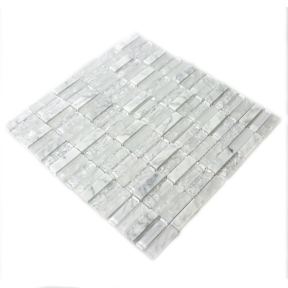 Mosafil Mosaikfliesen Glas Naturstein Mosaikfliesen Malawi Bruchglas Stäbchen, Naturstein-Glas-Marmor 31.000x32.200, weiß, Verlegefertig auf ein Netz geklebt - Frostsicher - Wasserfest