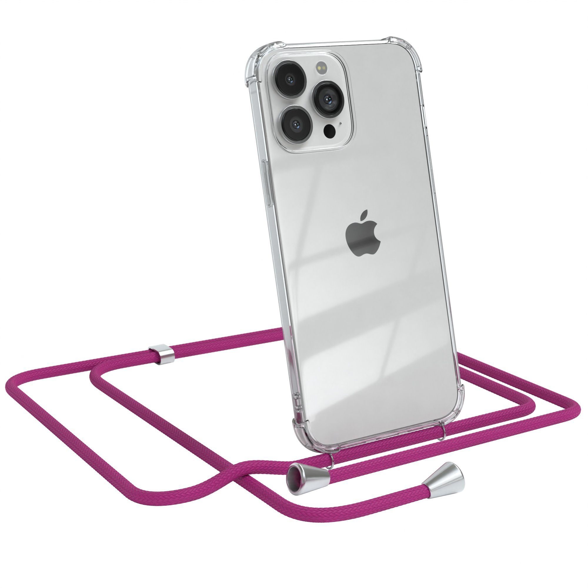 EAZY CASE Handykette Hülle mit Kette für Apple iPhone 13 Pro Max 6,7 Zoll, Handykordel Slimcover mit Umhängeband zum Umhängen Pink / Clip Silber
