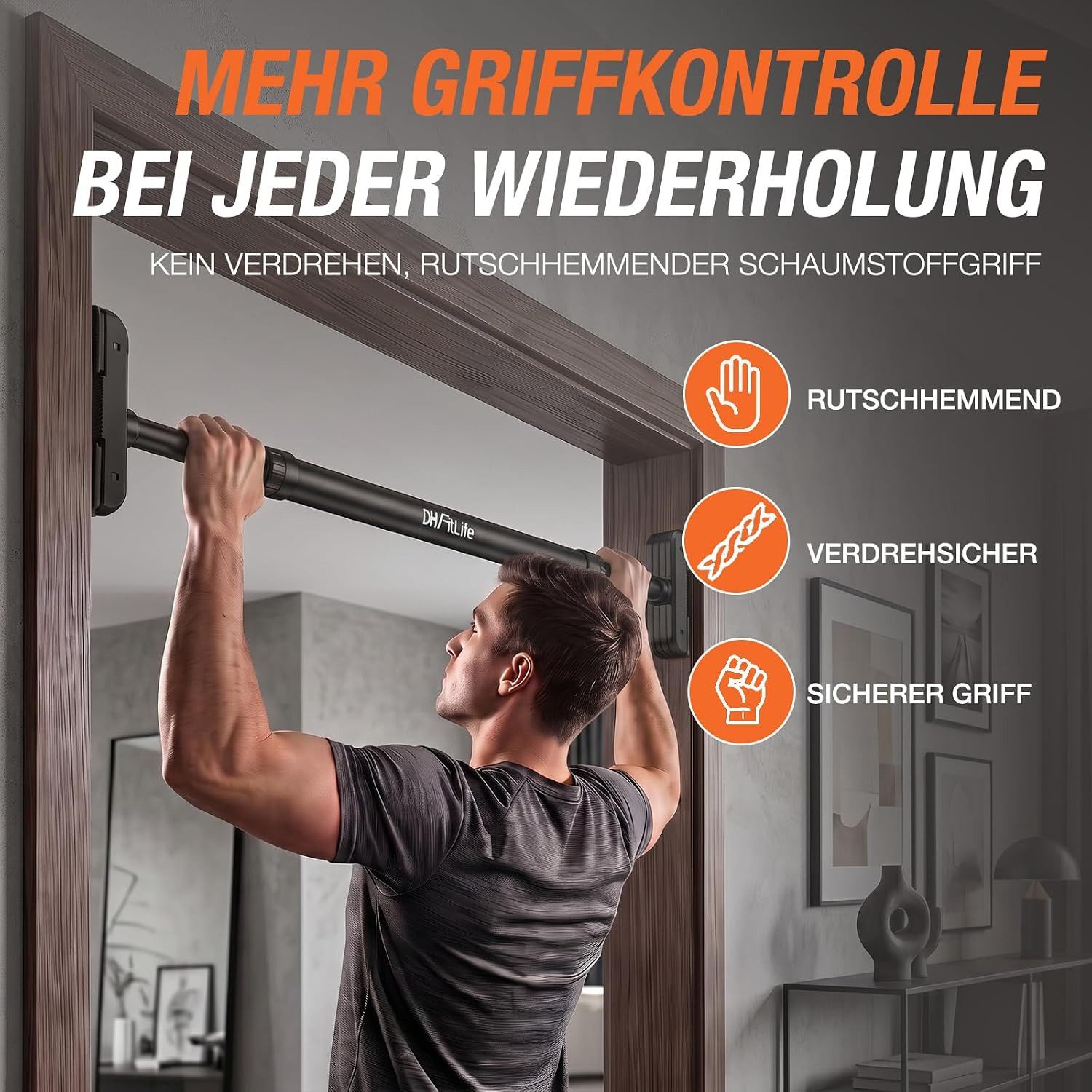 DH FitLife Klimmzugstange Türrahmen ohne Schrauben (Pull up bar Doorway zum Eindrehen, 1-tlg., Türreck für Krafttraining, Reckstange für Tür 72-92cm), Mit Wasse – Bild 4 von 5