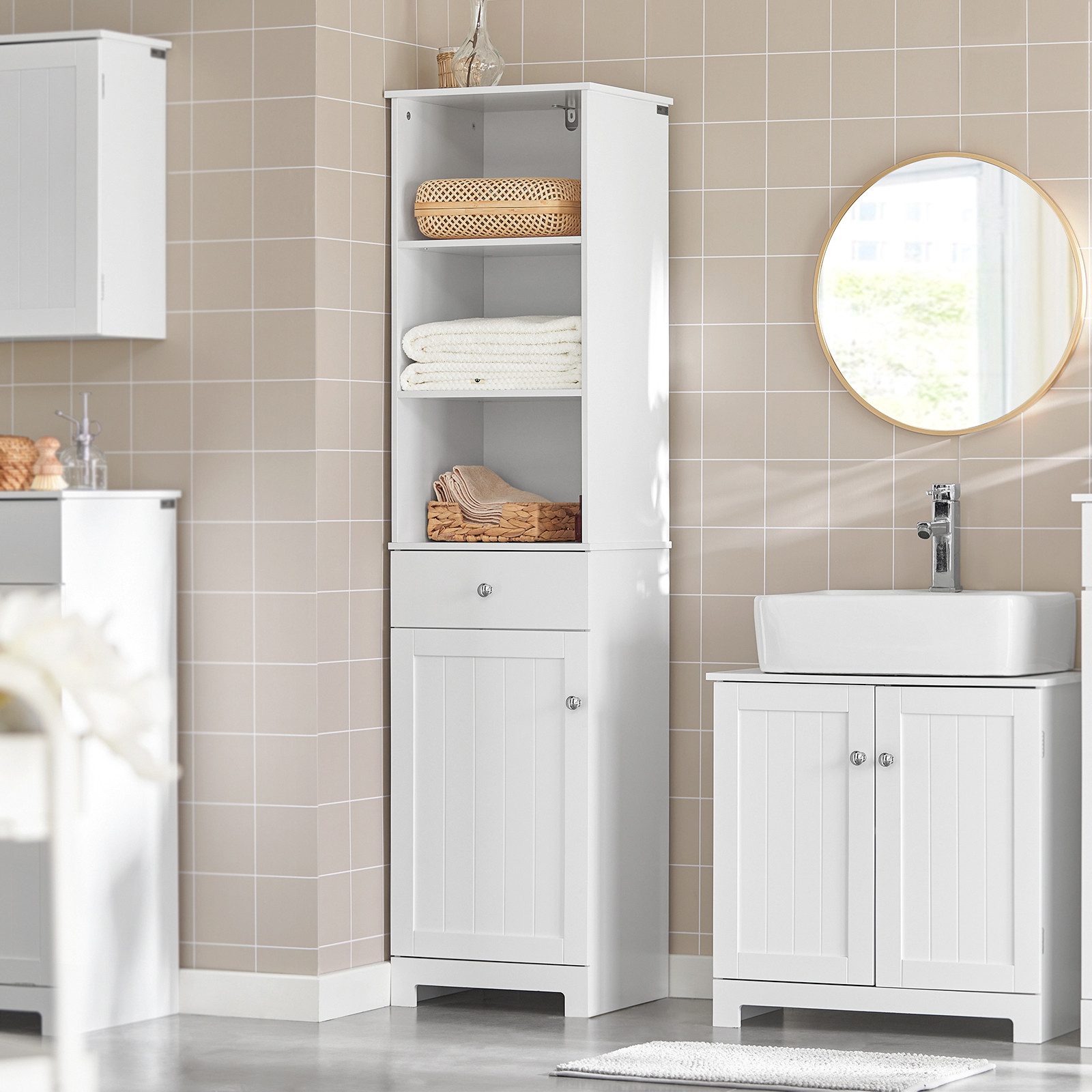 SoBuy Hochschrank BZR17, Badkommode Beistellschrank Badschrank schmal Badezimmerschrank Hochschrank, 3 offenen Fächern, verstellbare Ablagen