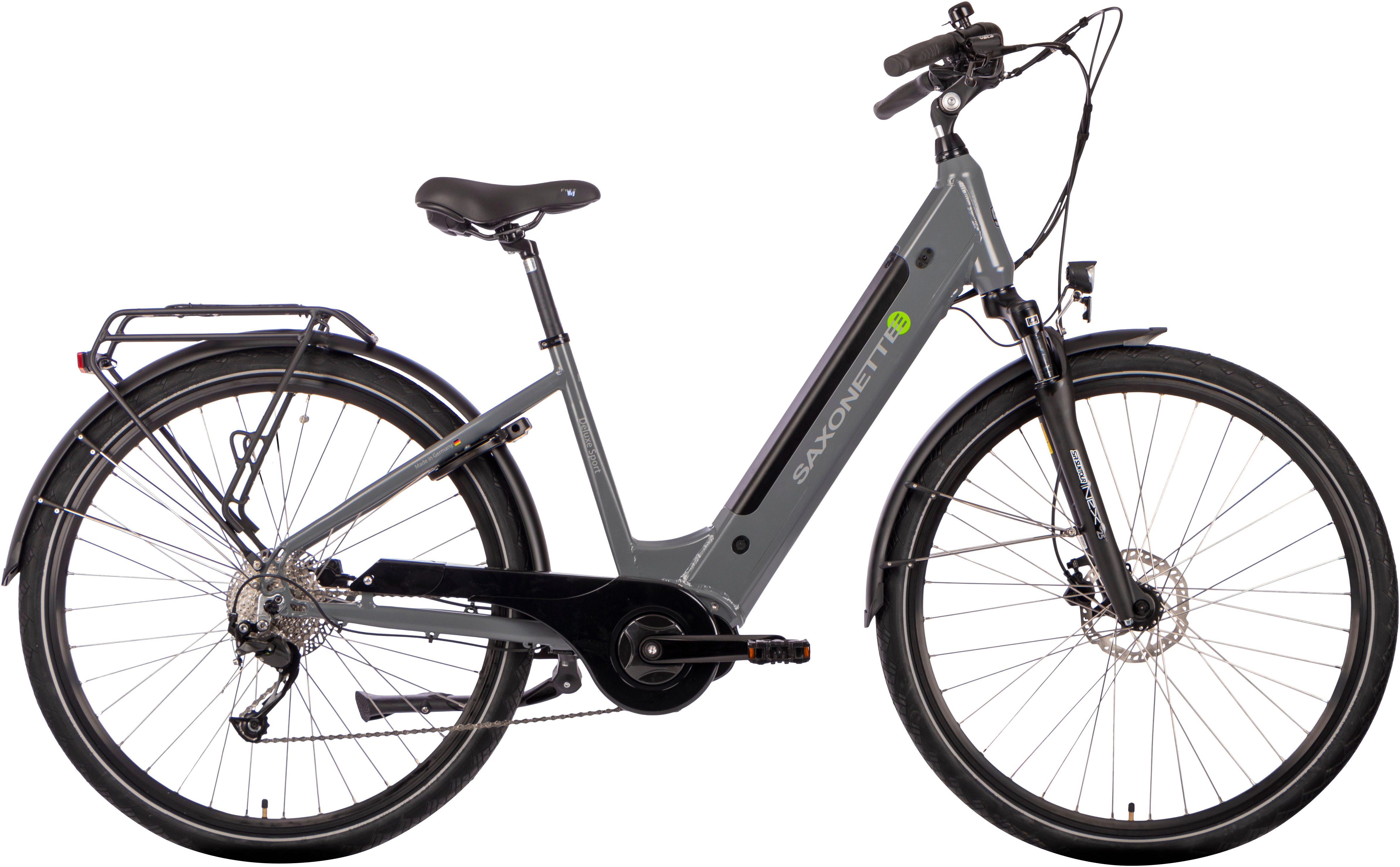 SAXONETTE E-Bike Trekkingrad E-Bike Cityrad Deluxe Sport (Wave), 9 Gang Shimano Alivio Schaltwerk, Kettenschaltung, Mittelmotor, 418 Wh, (Packung), (mit integr. Akku), Elektrofahrrad für Damen u. Herren