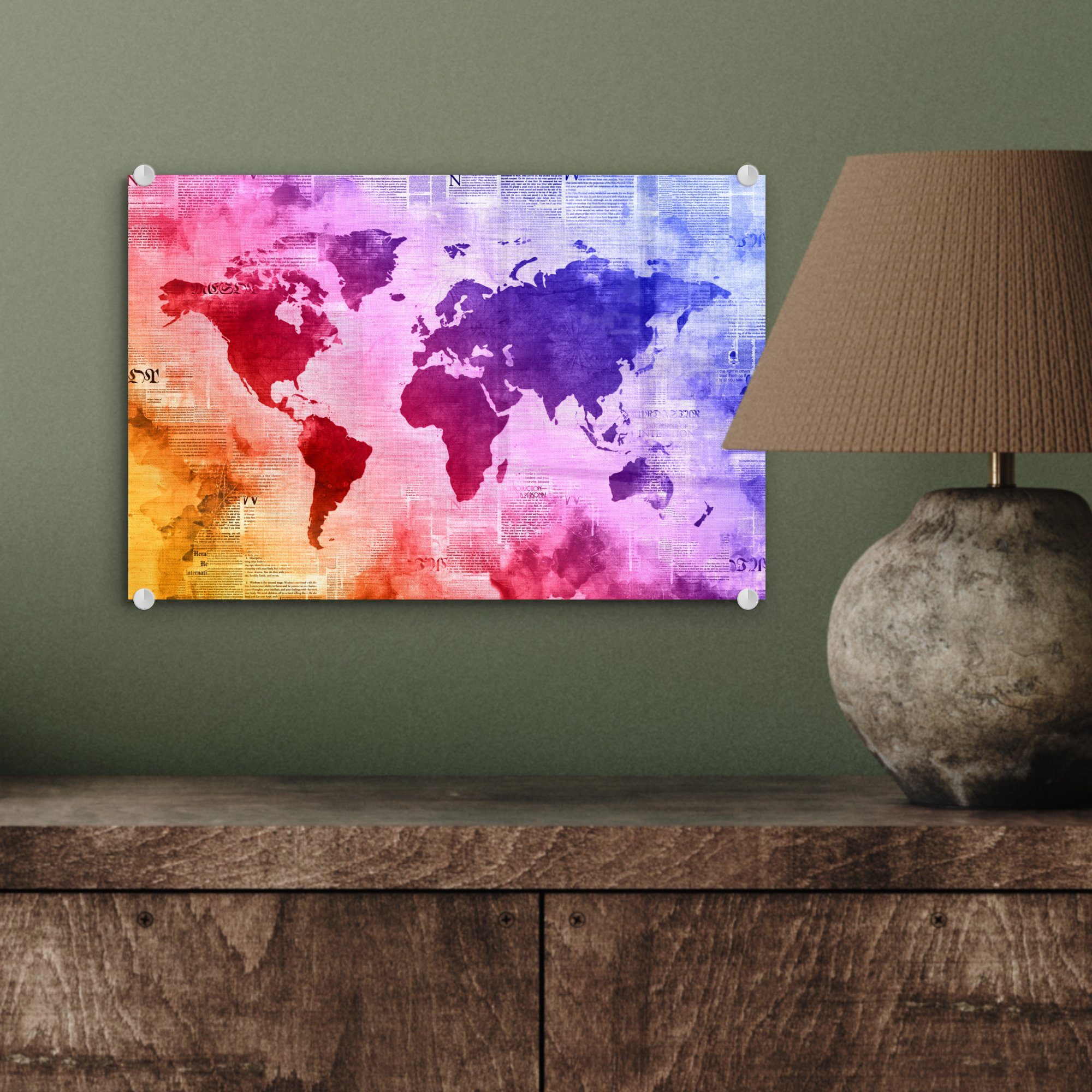 MuchoWow Acrylglasbild Weltkarte - Regenbogen, - - auf Glas Wanddekoration Aquarell Glasbilder Wandbild St), Foto auf - (1 Bilder - Glas