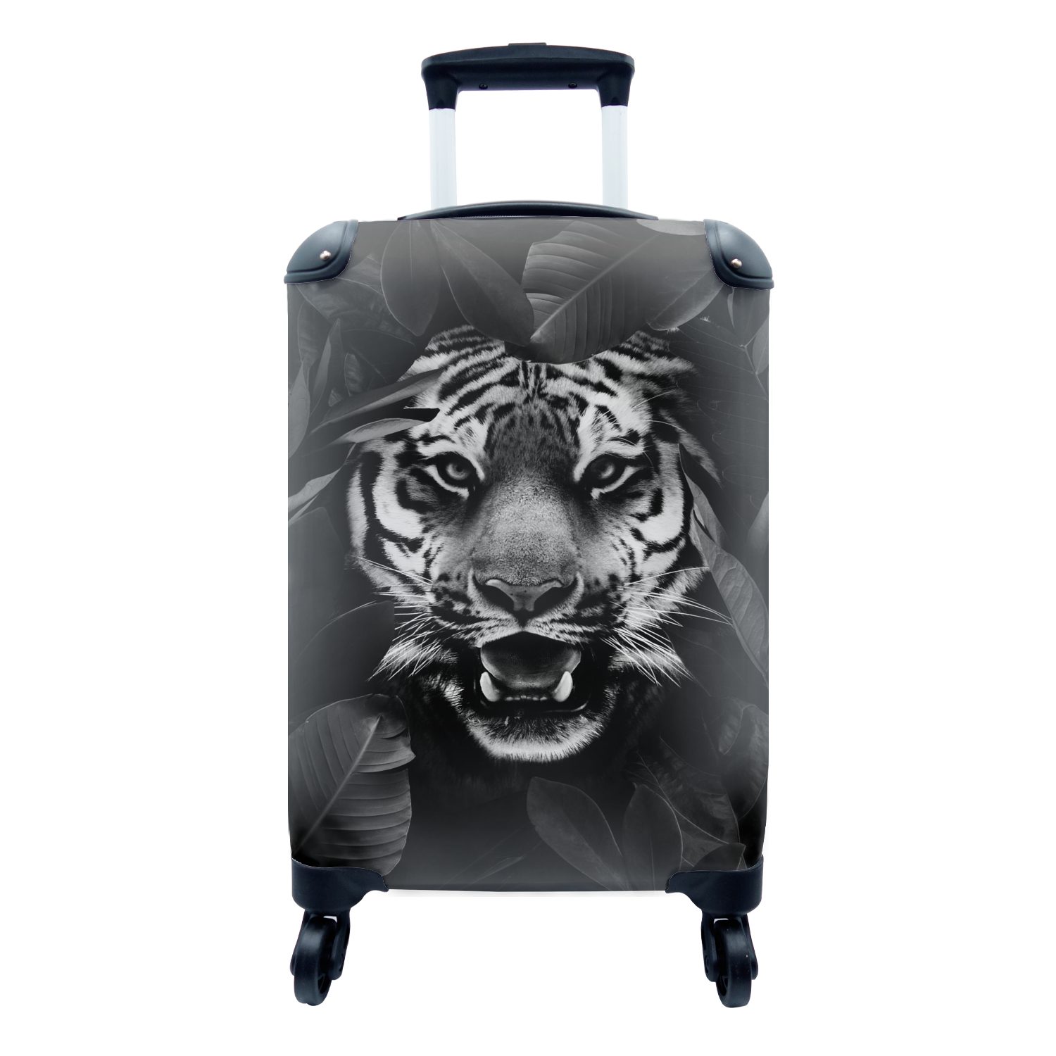 MuchoWow Handgepäckkoffer Tiger zwischen den Blättern - schwarz und weiß, 4 Rollen, Reisetasche mit rollen, Handgepäck für Ferien, Trolley, Reisekoffer