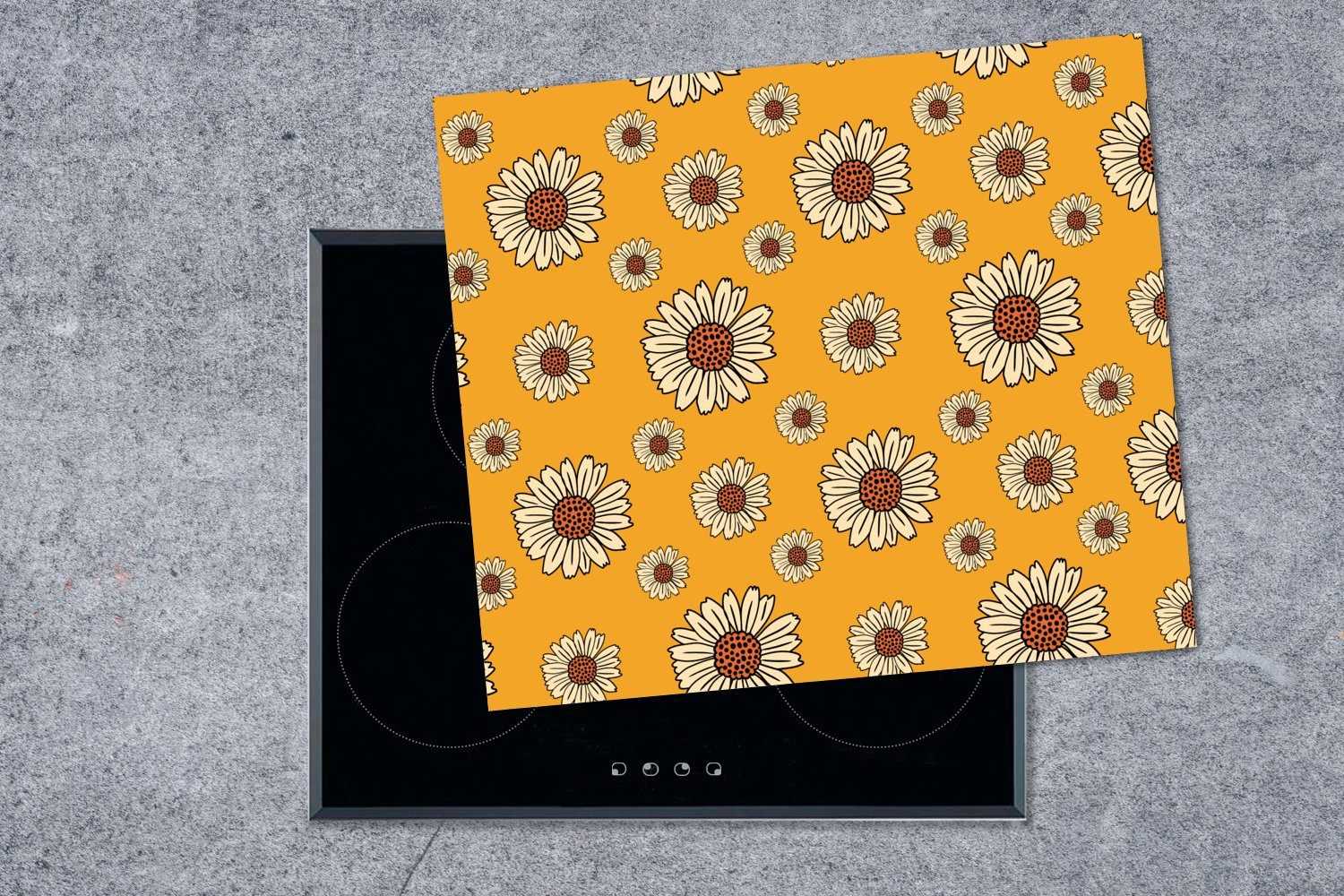 MuchoWow Herdblende-/Abdeckplatte - Blumen Muster Arbeitsfläche (1 tlg), Mobile Vintage Vinyl, nutzbar, - - cm, 60x52 Ceranfeldabdeckung Gelb