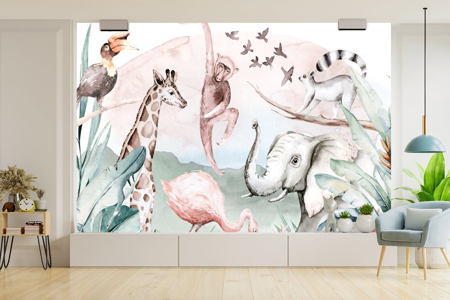 Kinder - Aquarell Wallpaper MuchoWow Dschungel Matt, für St), - Tapete - Mädchen - (6 Tiere - - Schlafzimmer, Jungen Kinder, Kinderzimmer, bedruckt, Vinyl Wohnzimmer, Fototapete