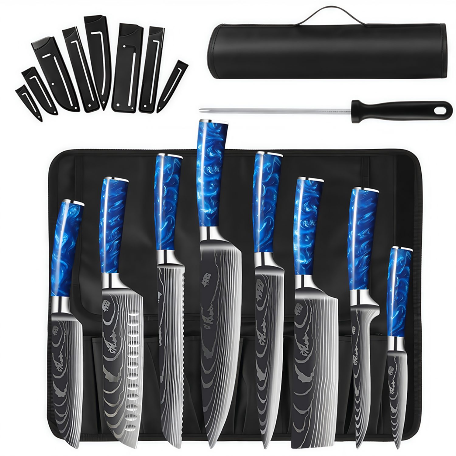 HOMELIVE Messer-Set Chef Messer Sets mit Rolltasche, Damaskus Küchenmesser Set, (Set, 9-tlg), Asiatisches Edelstahl Messerset