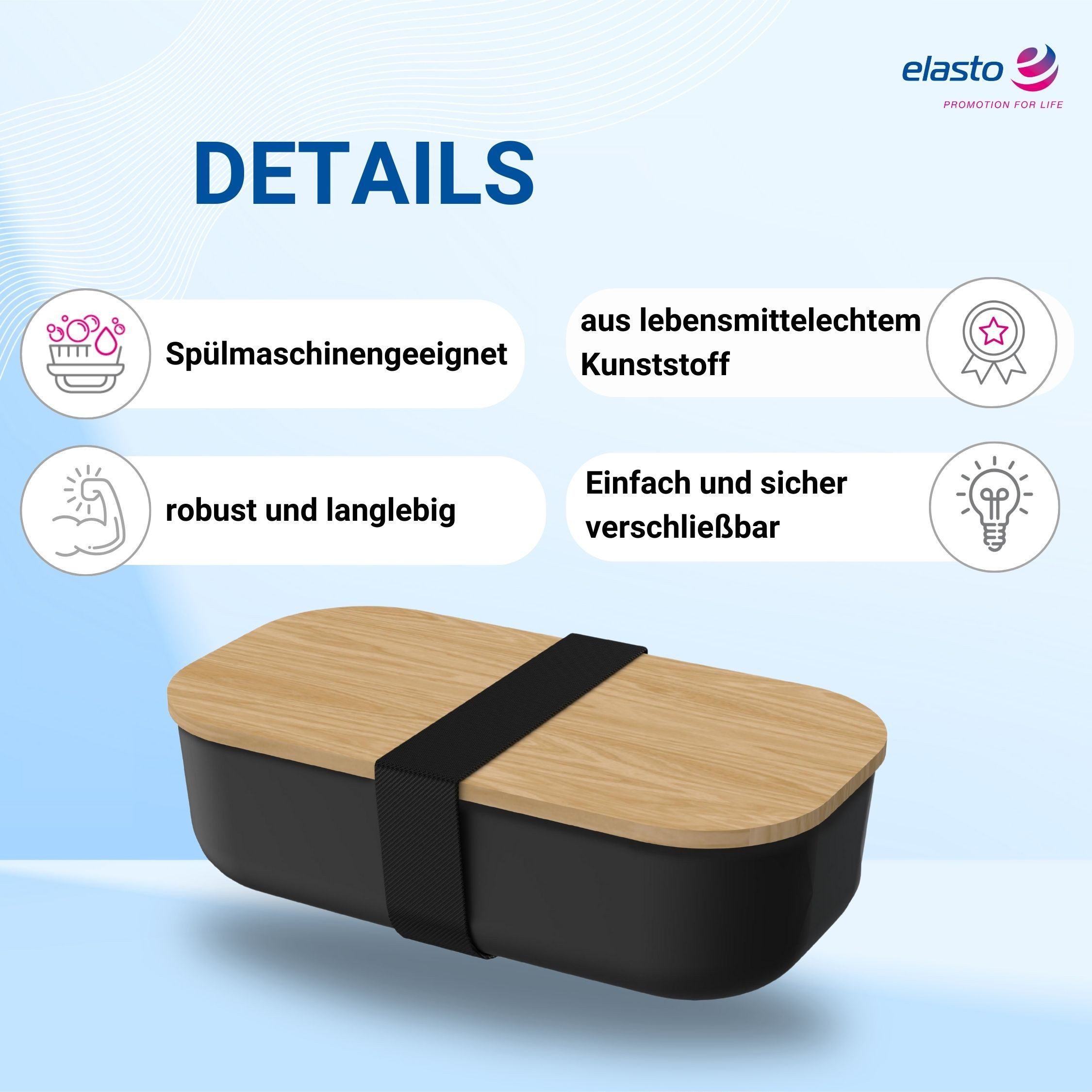 elasto Lunchbox Beech 1300 ml in Schwarz Brotdose mit Elastikband Holz-Deckel