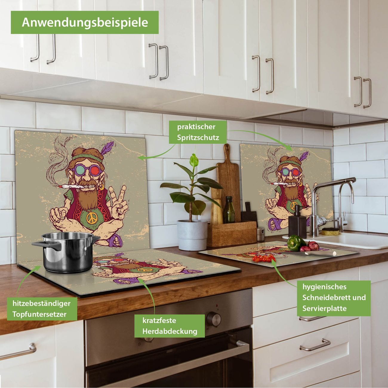 banjado Herd-Abdeckplatte einteilig aus Glas mit Motiv Peace, (gehärtet, 1 tlg., inkl. selbstklebende Gummifüßchen)