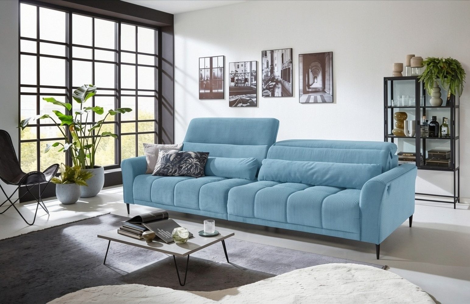 freiraum Big-Sofa Wolve, 2x elektr. Verstellung, Fein-Cord blau - 280x108x118cm (BxHxT)