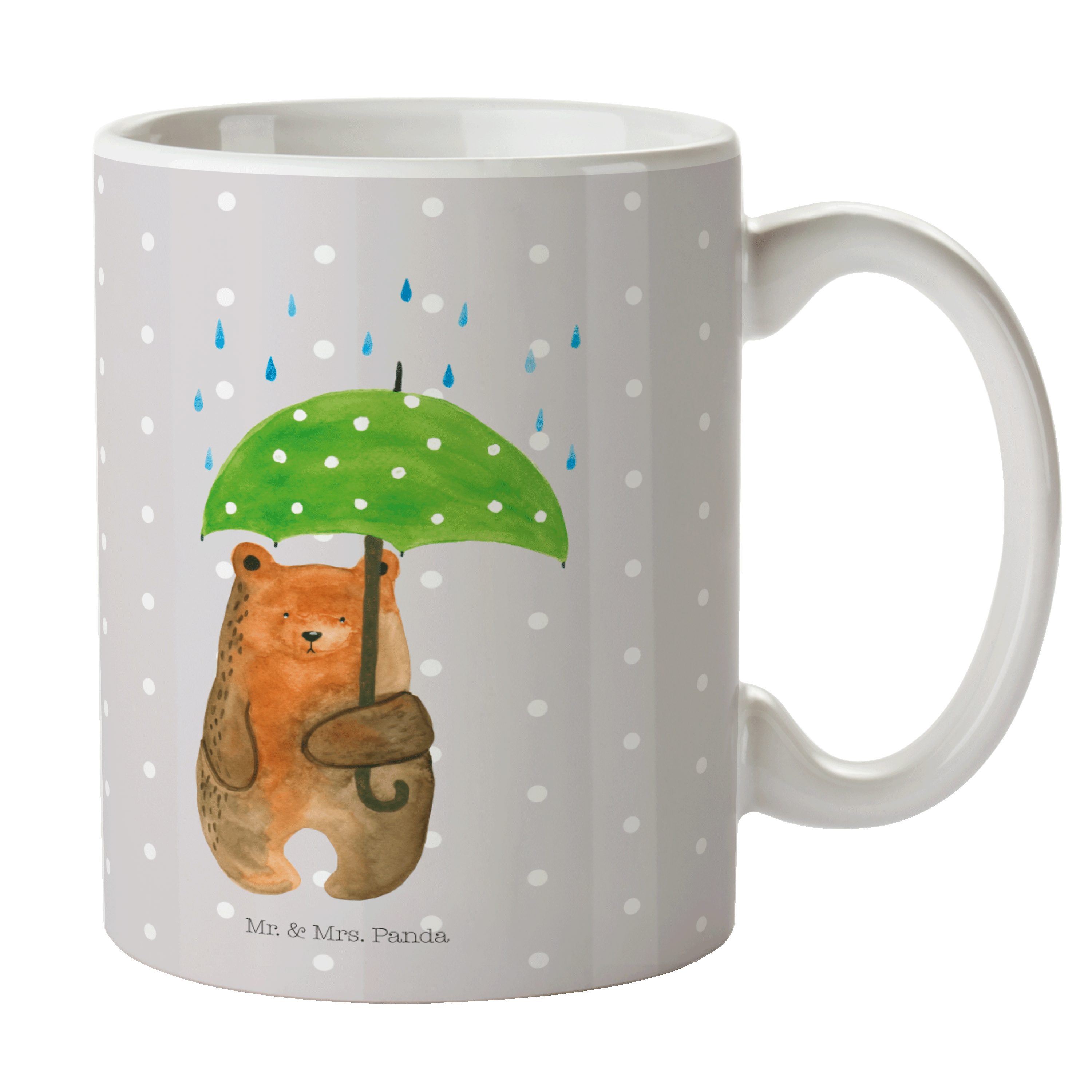 Tasse & Geschenk, - Pastell Spruch, Becher, Kaffee, Grau Bär mit Regenschirm Keramik Panda - Mrs. Mr.