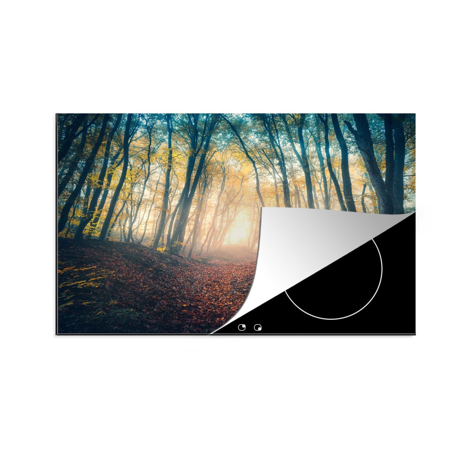 MuchoWow Herdblende-/Abdeckplatte Wald - Nebel - Sonne - Herbst, Vinyl, (1 tlg), 80x52 cm, Induktionskochfeld Schutz für die küche, Ceranfeldabdeckung