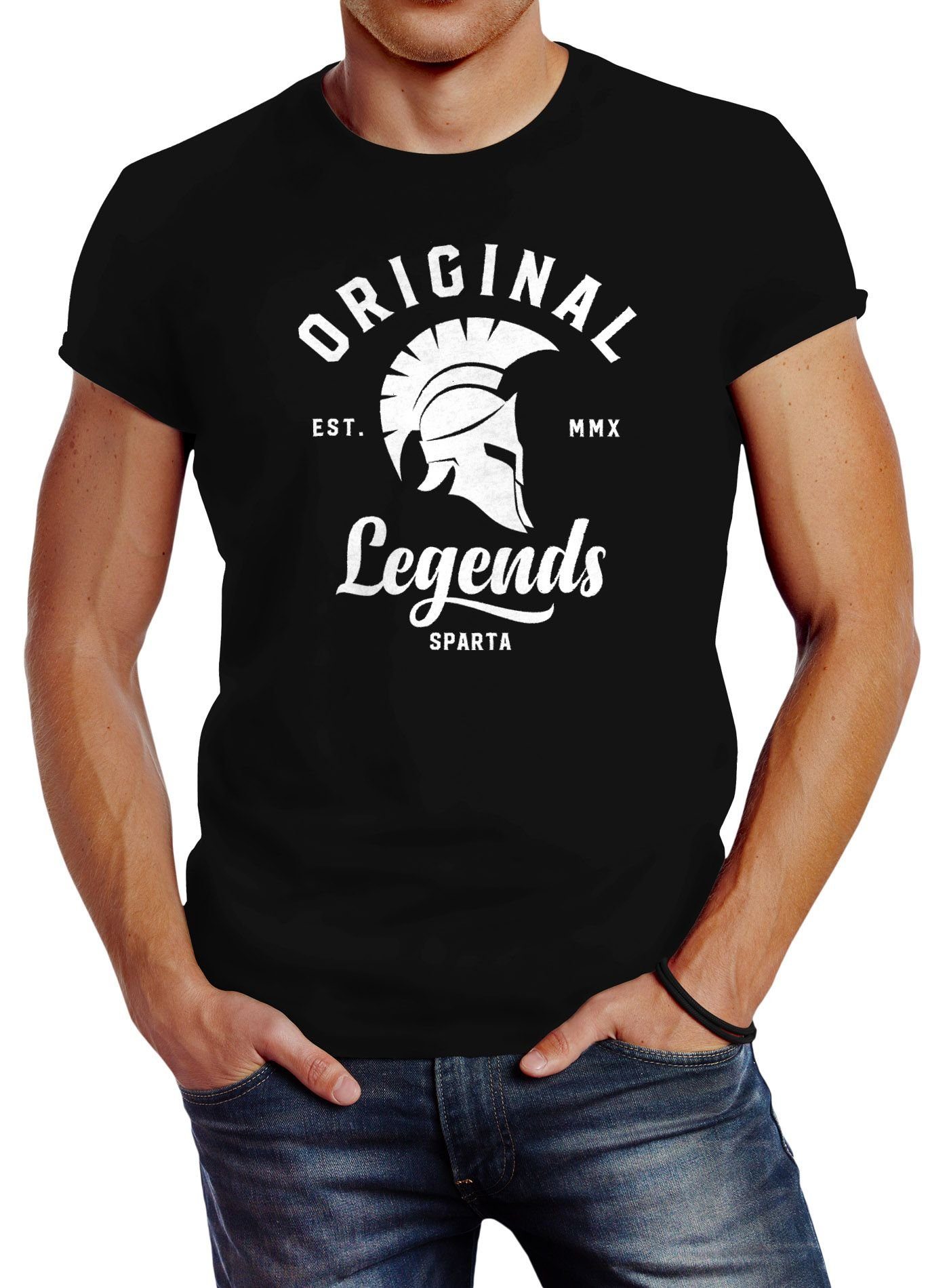 Print Neverless® T-Shirt mit Slim Herren schwarz Legends Gladiator Neverless Original Print-Shirt Fit Streetwear Sparta