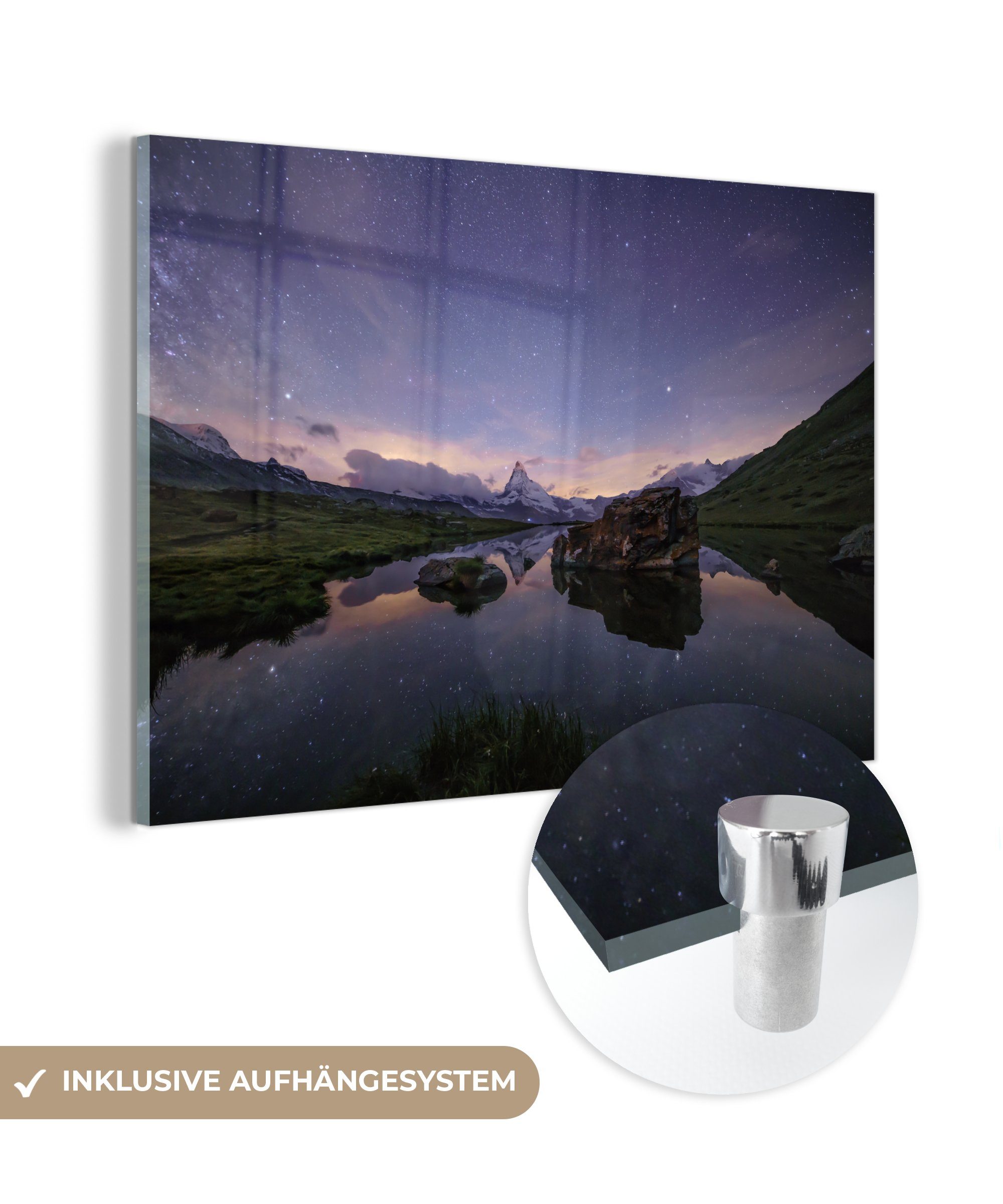 MuchoWow Acrylglasbild Ein violetter Himmel über dem Schweizer Matterhorn, (1 St), Acrylglasbilder Wohnzimmer & Schlafzimmer