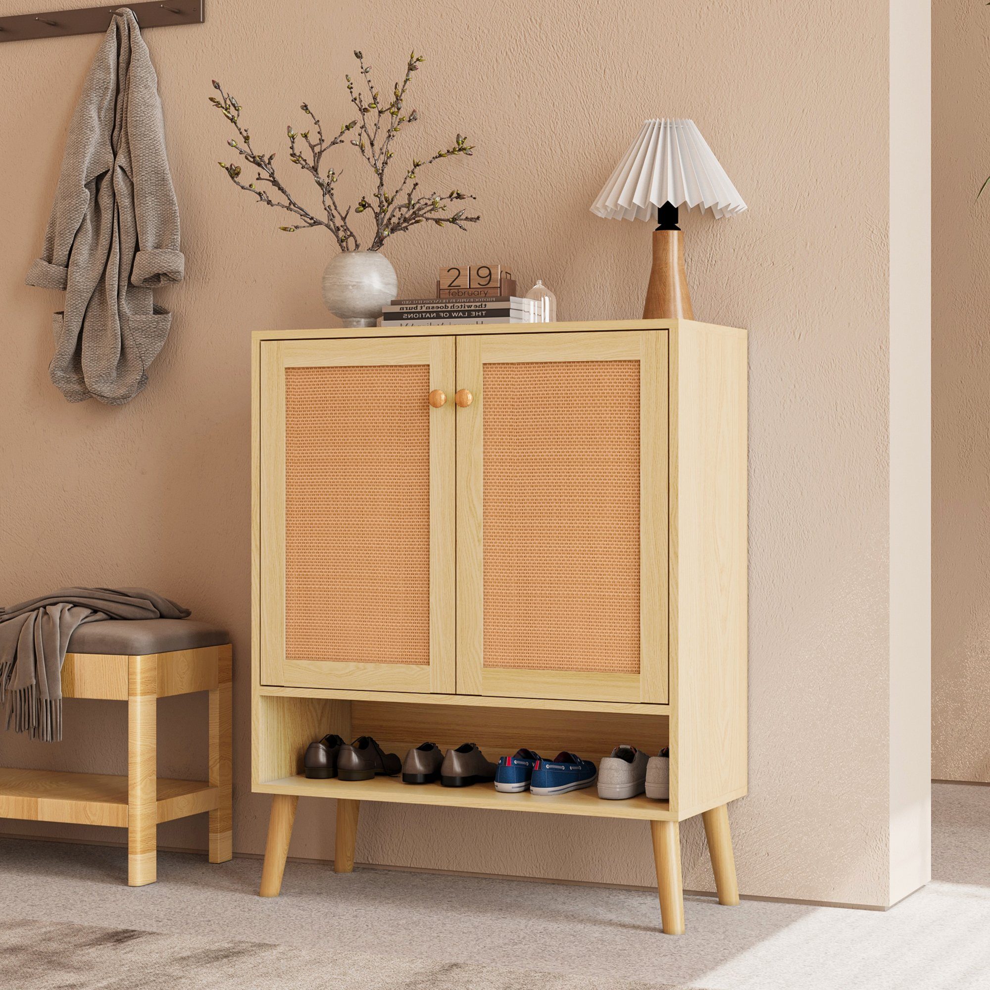 REDOM Schuhschrank Sideboard (aus natürlichem Rattan mit 2 Türen und 5 Regalböden, Massivholzbeinen)