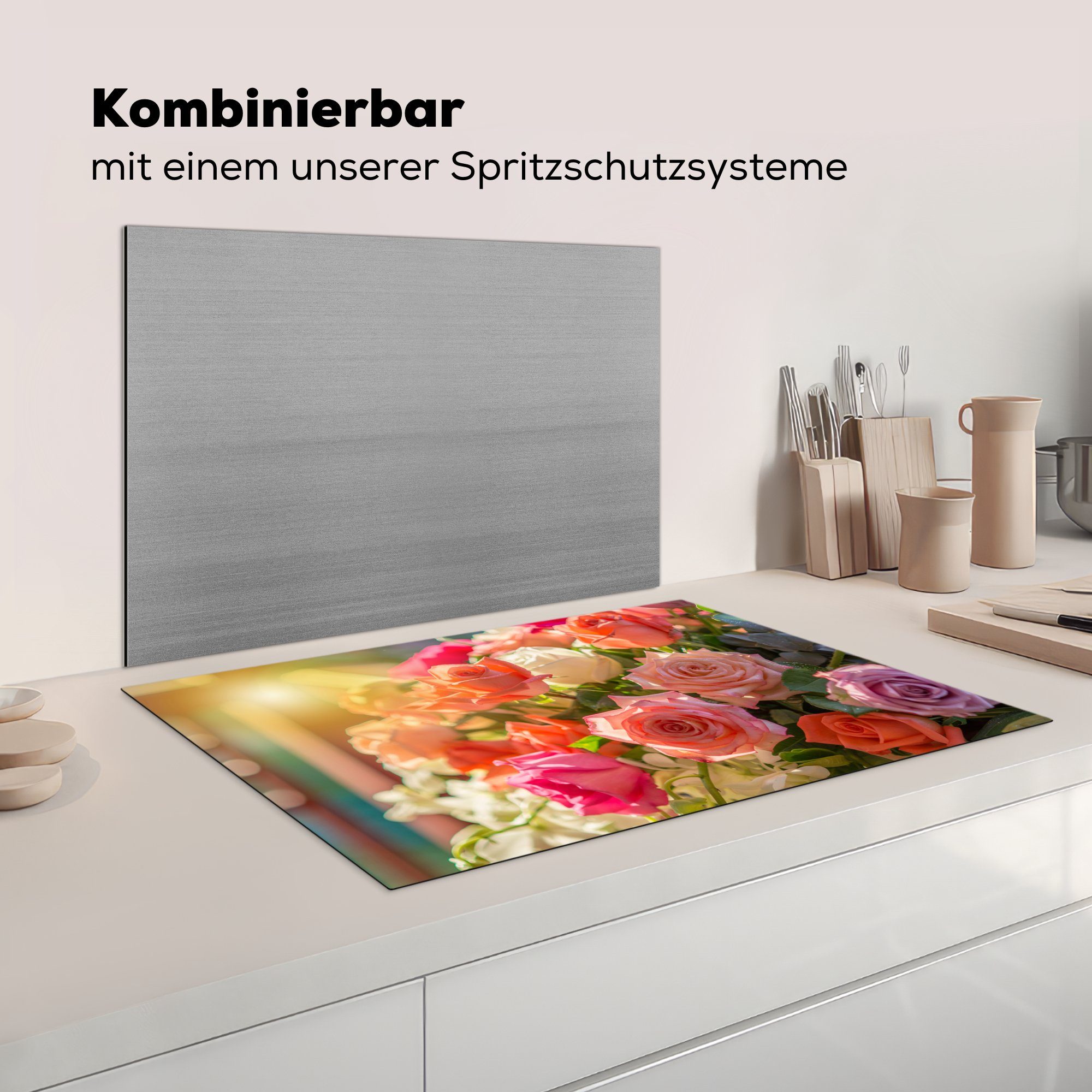 Vinyl, für Herdblende-/Abdeckplatte tlg), Farben, cm, (1 81x52 Strauß - küche, Induktionskochfeld Rosen Ceranfeldabdeckung MuchoWow die - Schutz