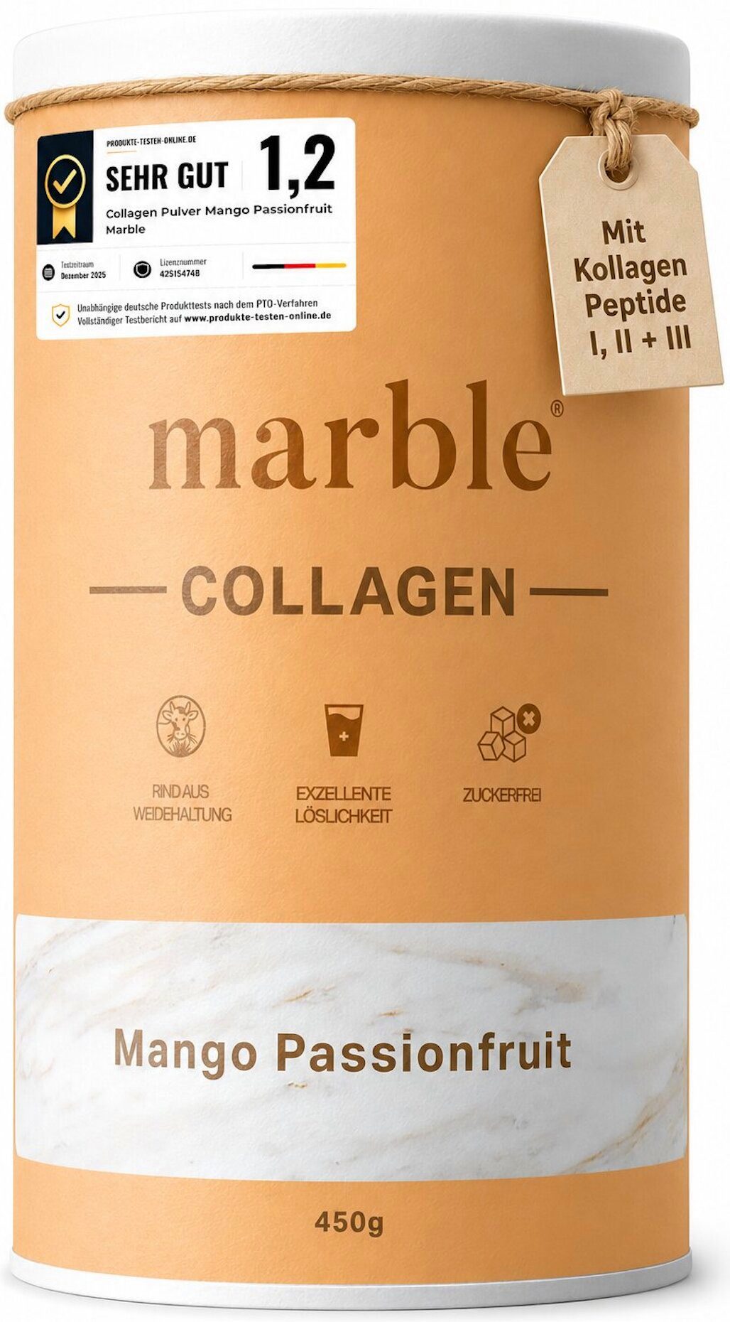 Marble Kollagen Pulver Mango Passionfruit 450g – Typ I, II & III, ohne Zucker Pulver, Packung à 1 St., 450 g, Pappdose ohne Plastik, Umweltschonend