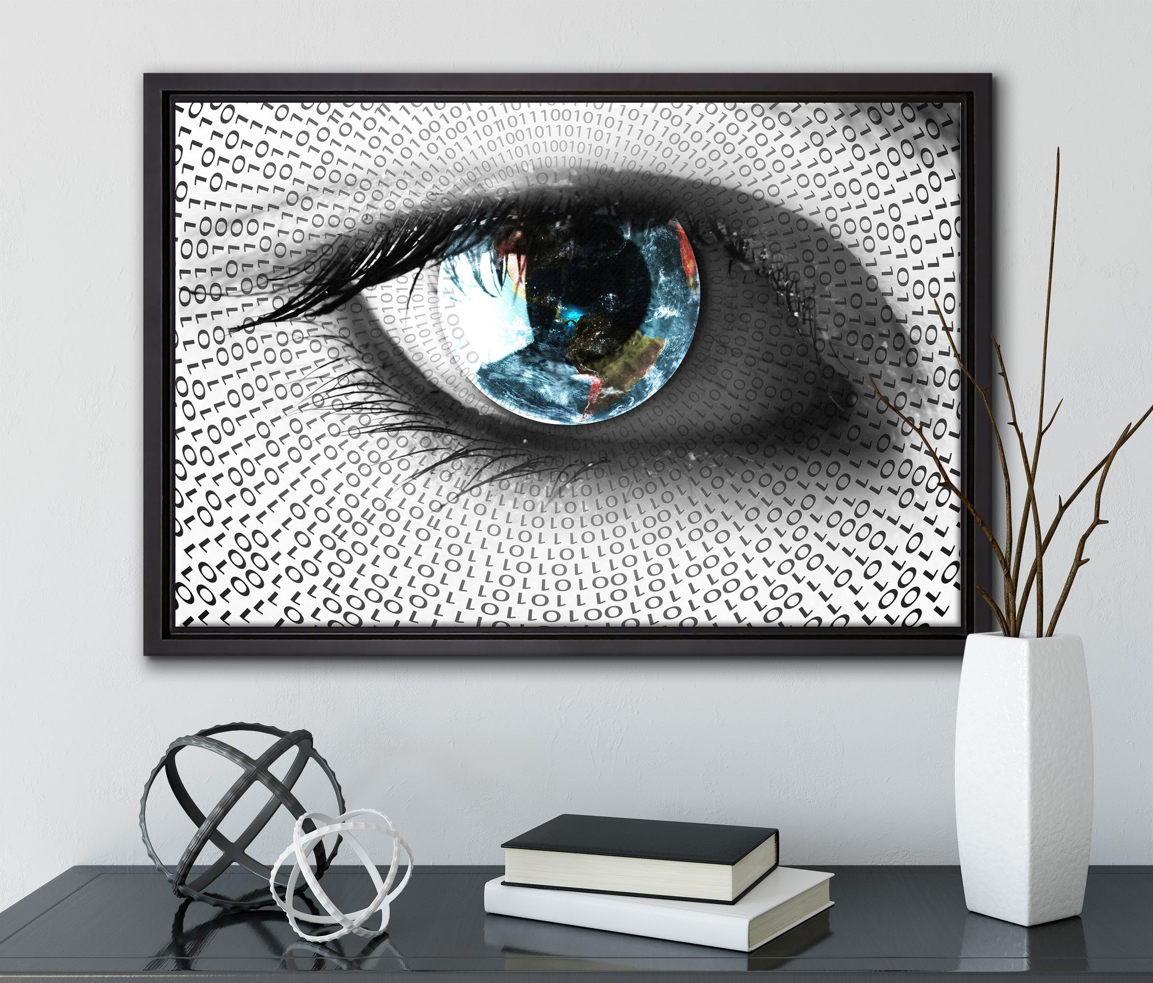 Auge in mit binärem gefasst, (1 St), Wanddekoration bespannt, inkl. fertig einem Pixxprint Leinwandbild Schattenfugen-Bilderrahmen Leinwandbild Code, Zackenaufhänger