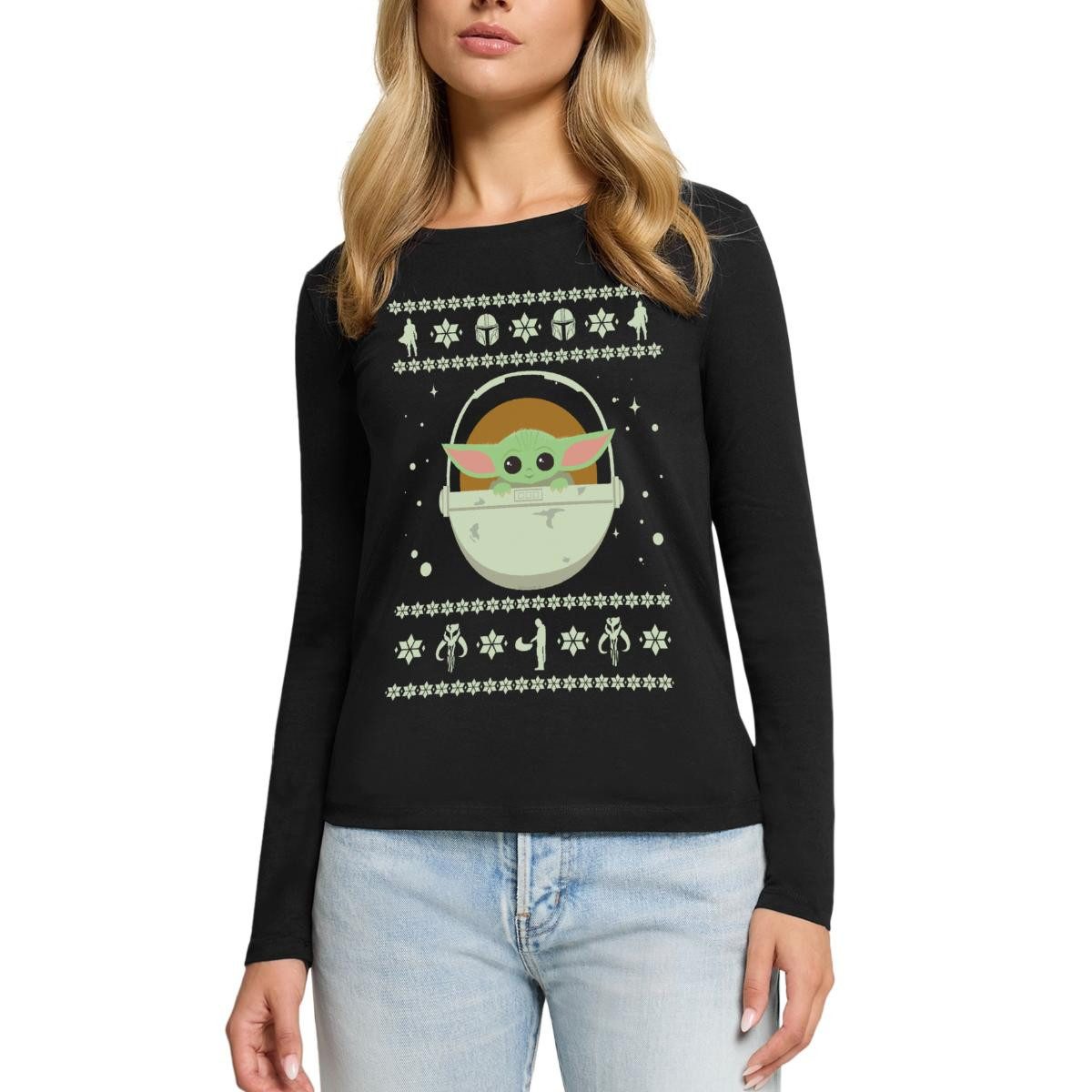 Spreadshirt T-Shirt Star Wars: Mandalorian Grogu Weihnachten Premium Langarmshirt Damen (1-tlg)