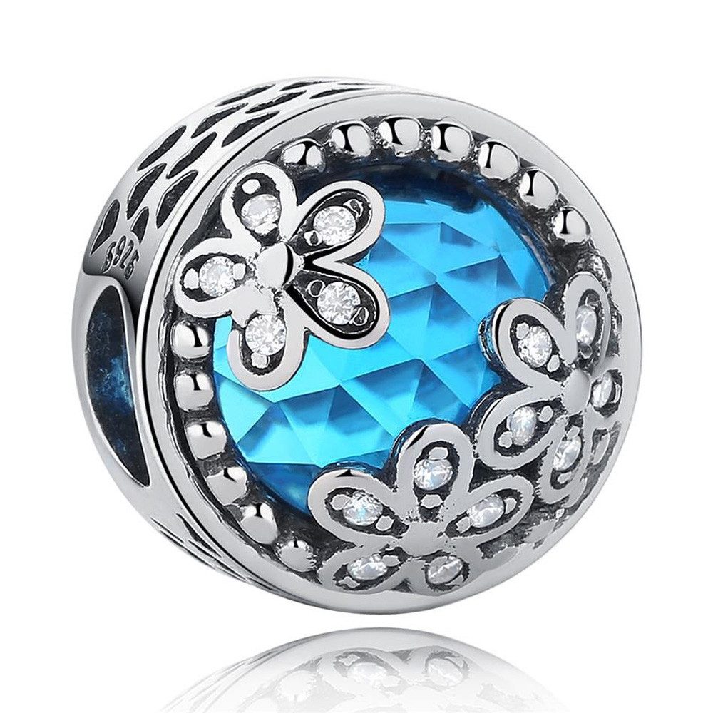 Bead Mondblumen Blau Charm für Charm Armband, 925er Silber, Zirkonia