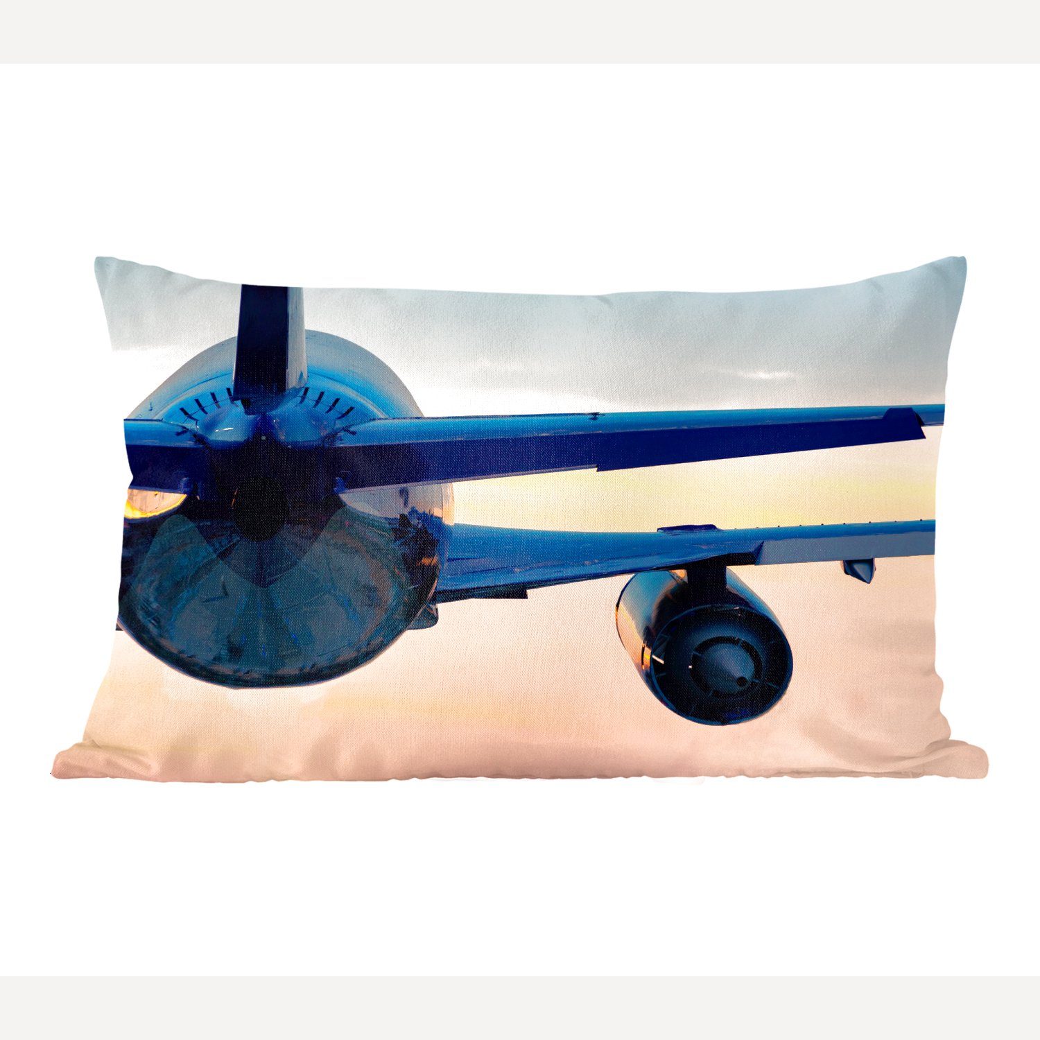 MuchoWow Dekokissen Rückansicht eines fliegenden Flugzeugs während eines Sonnenuntergangs, Wohzimmer Dekoration, Zierkissen, Dekokissen mit Füllung, Schlafzimmer