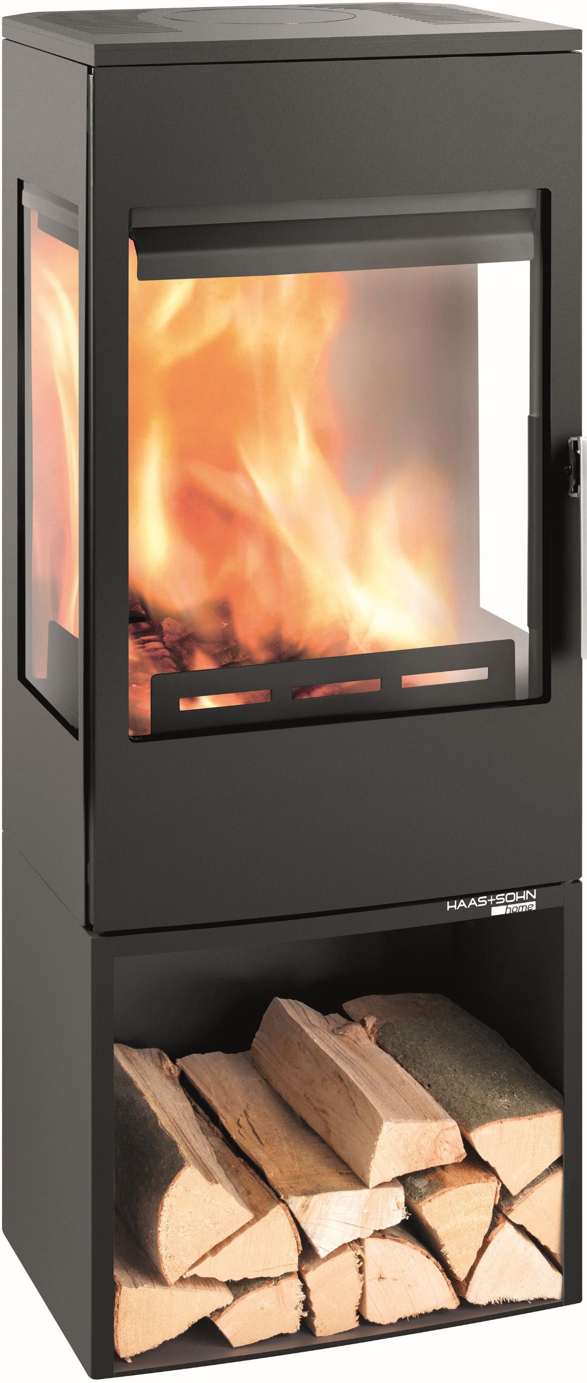 Haas + Sohn Kaminofen Wien.L IV Easy, 6,5 kW, Zeitbrand, 3 Sichtscheiben, offenes Holzfach