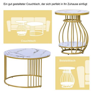 Ulife Couchtisch Rund Weiß Golden Satztisch mit Metallgestell Marmor Optik (Set, 2-St., 2er Set)