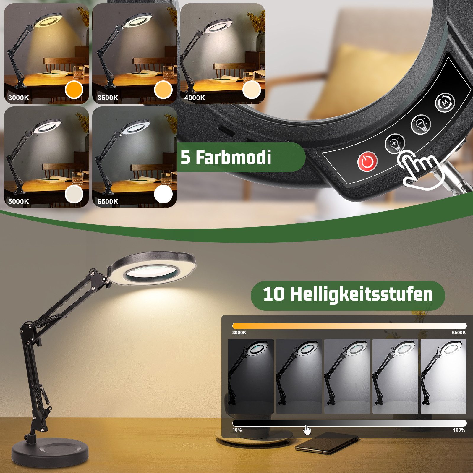 QUBEBU LED Klemmtischleuchte 10X Lupe mit Licht und Ständer, LED 2 in 1 Lup günstig online kaufen