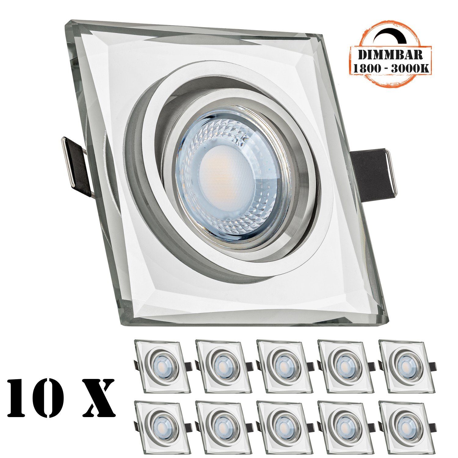 LEDANDO LED Einbaustrahler 10er flach mit LED LED / extra Glas Einbaustrahler Kristall 5W Set in