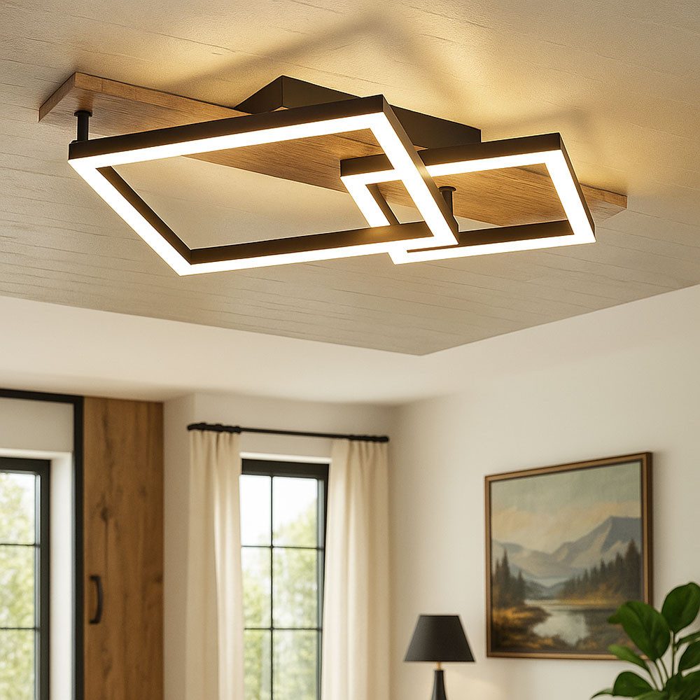 GLOBO LIGHTING LED Deckenleuchte, LED-Leuchtmittel fest verbaut, Warmweiß, LED Deckenlampe Wohnzimmerleuchte Holzoptik Metall schwarz L 47,5 cm