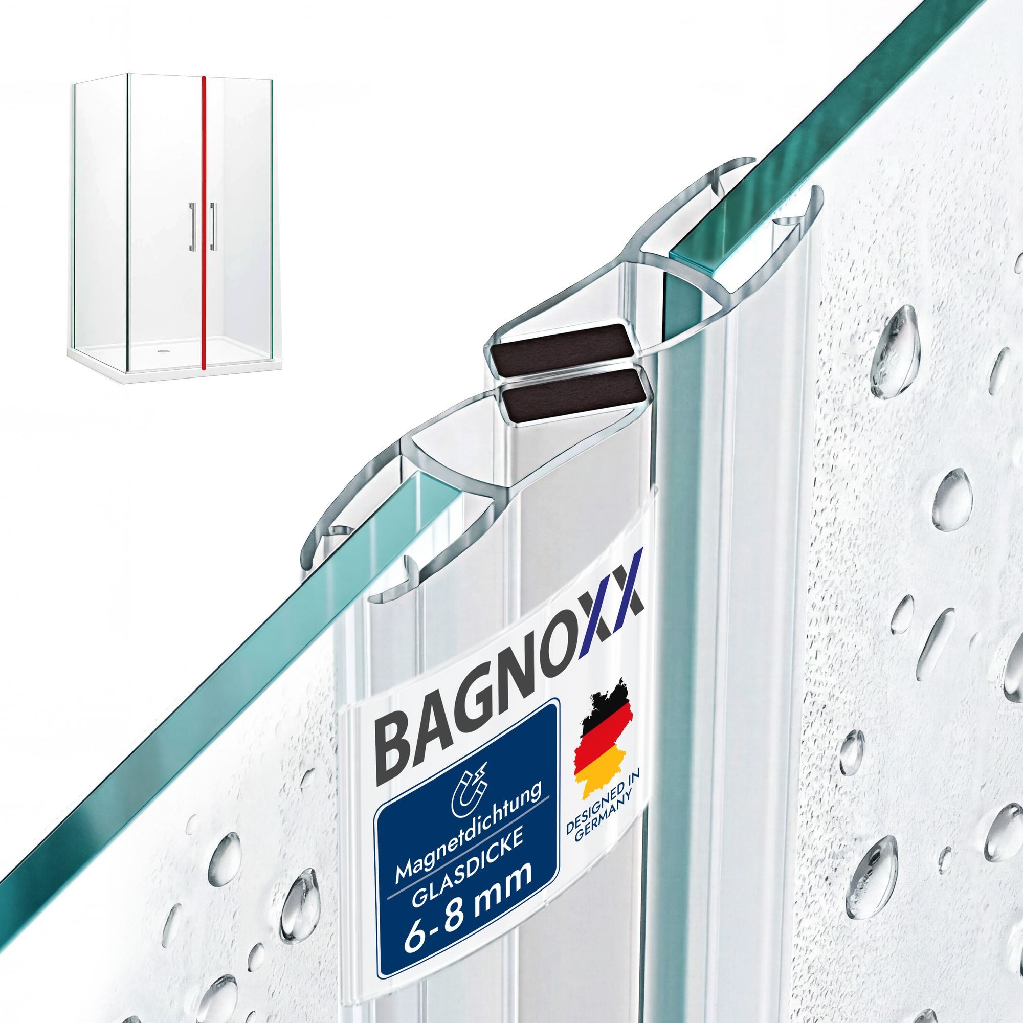Bagnoxx Duschdichtung, L: 200 cm, (Duschdichtung Magnetdichtung für Duschtüren 200cm, 2-teilig, 1-St), Schließwinkel von 135 und 180 Grad, versetzt, PVC Duschlippe