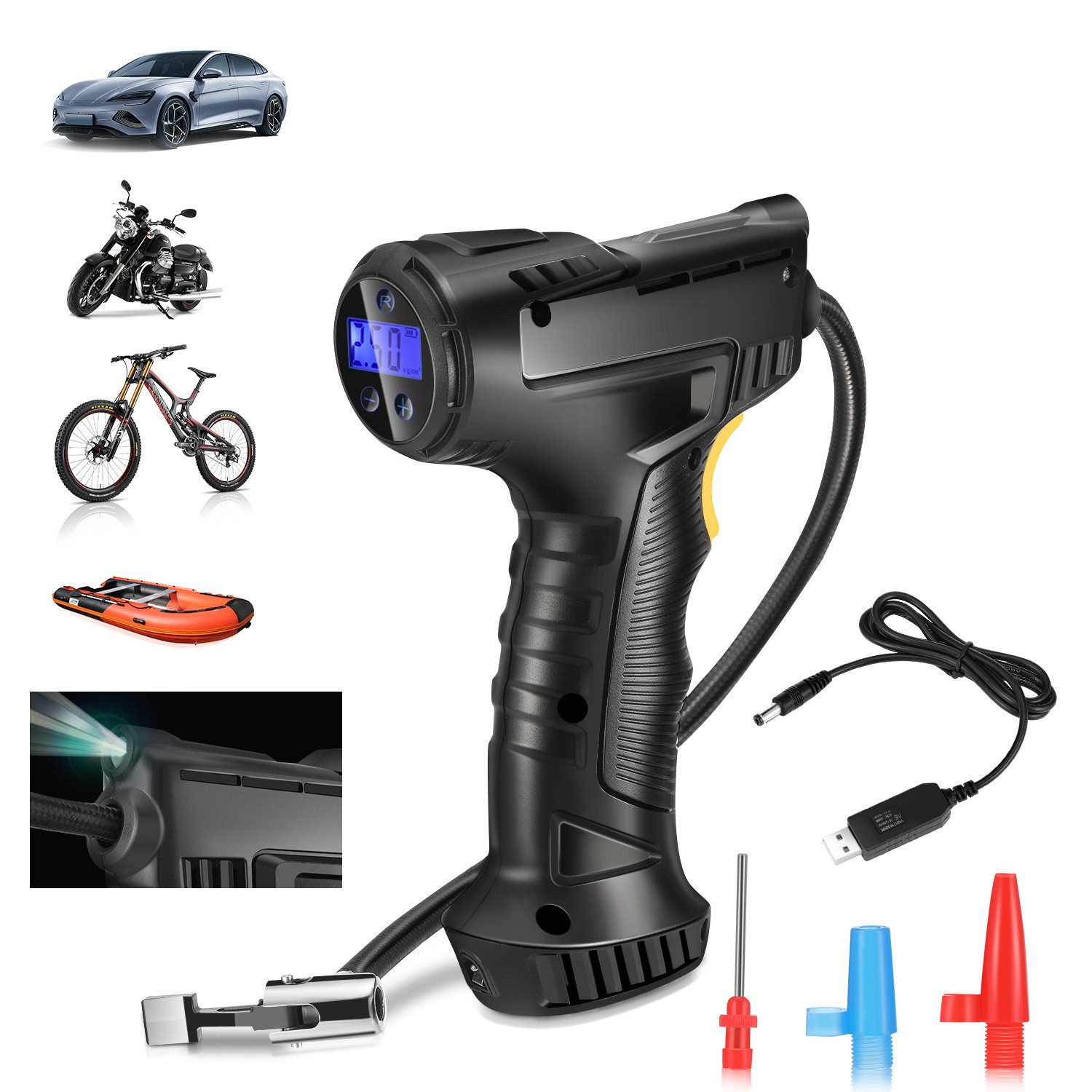WILGOON Luftpumpe Elektrische Luftpumpe, Luftpumpe Elektrisch, 150PSI Akku Luftpumpe (Fahrradpumpe Elektrisch mit LCD Bildschirm & LED Licht), für Auto, Fahrrad, Motorrad, Basketball, Football, Schwimmring