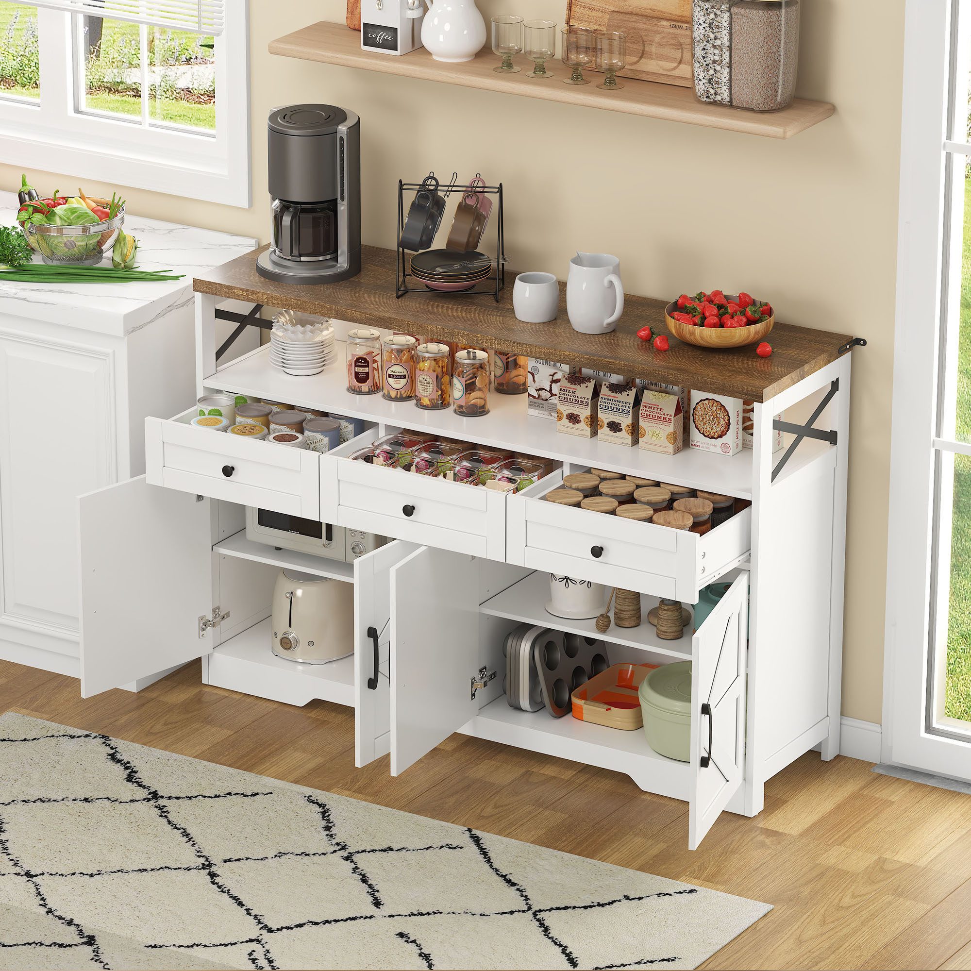 Flieks Kommode mit 3 Schubladen und 4 Türen (1 St., B140/T35/H95 cm), Sideboard mit verstellbare Einlegeböden Wohnzimmerschrank Küchenbuffet